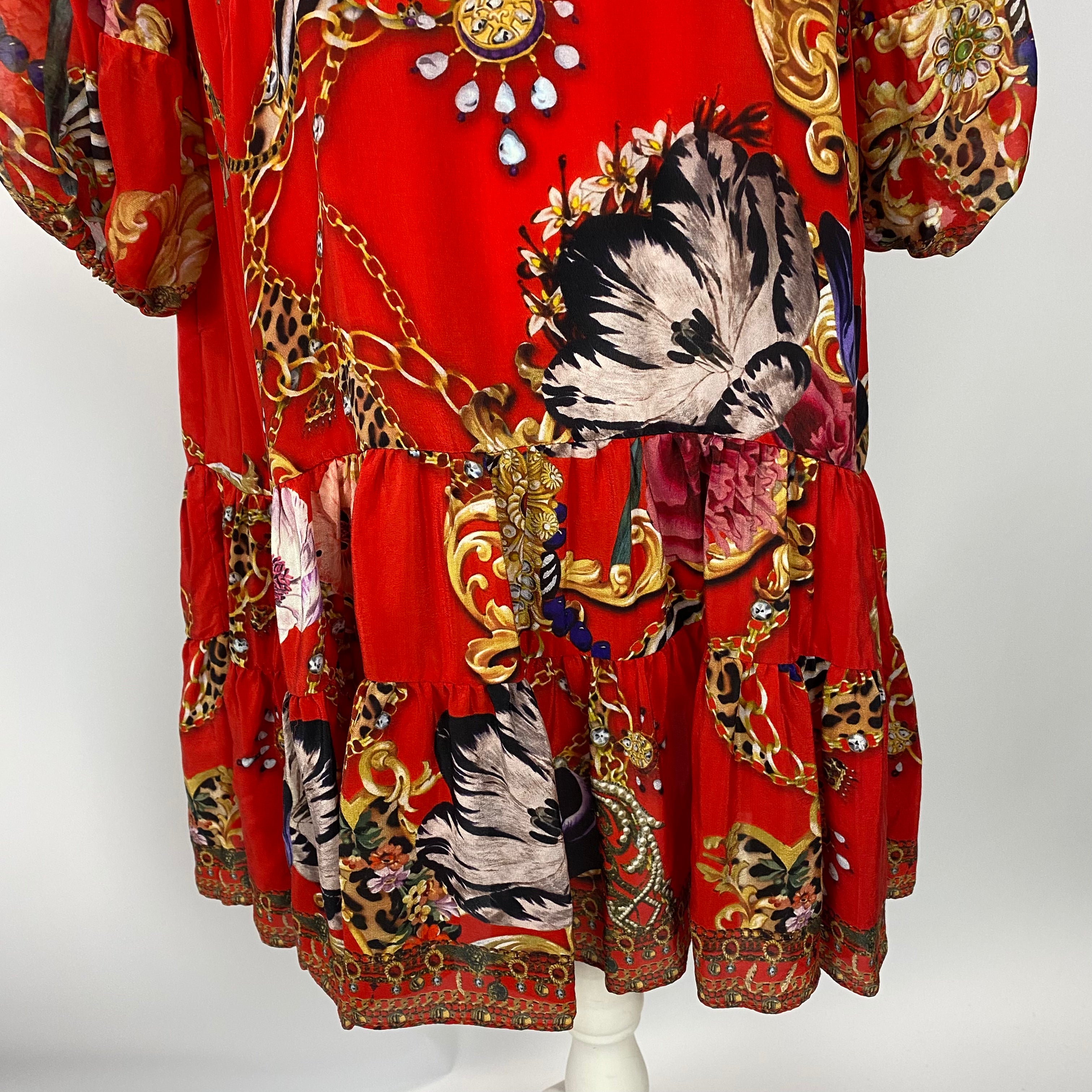 Camilla £650 Red Jewel Leo Print Silk Midi Dress L