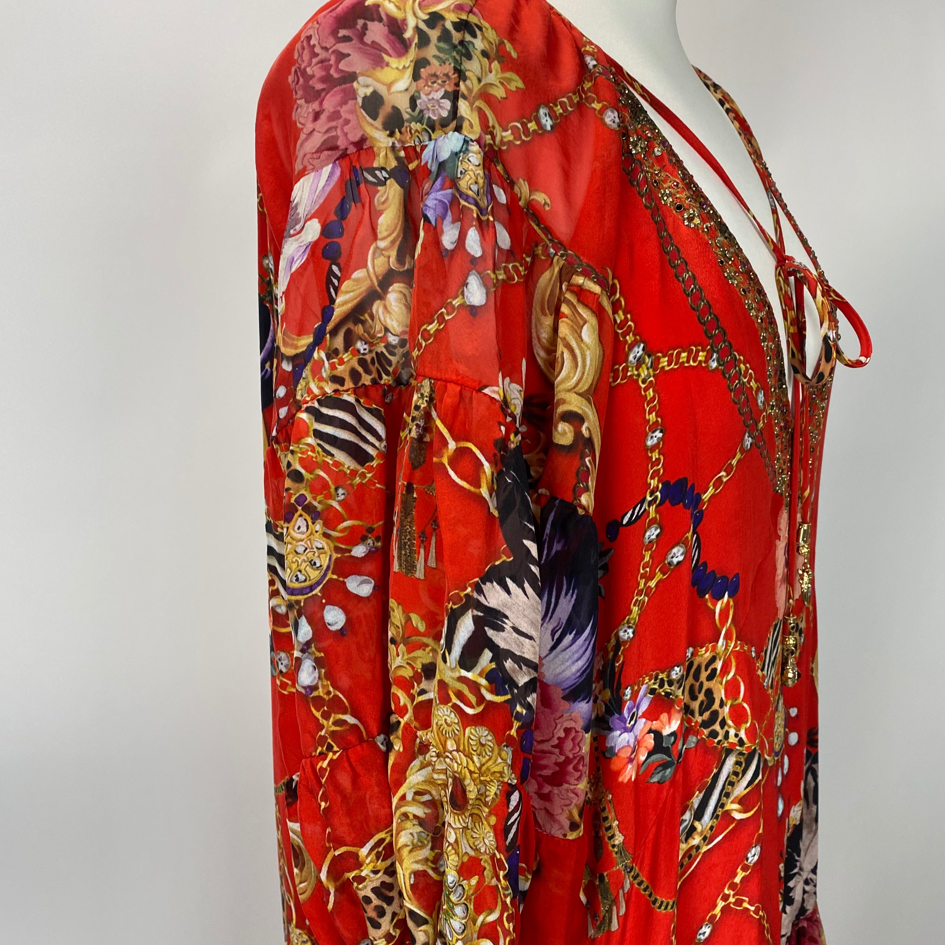 Camilla £650 Red Jewel Leo Print Silk Midi Dress L