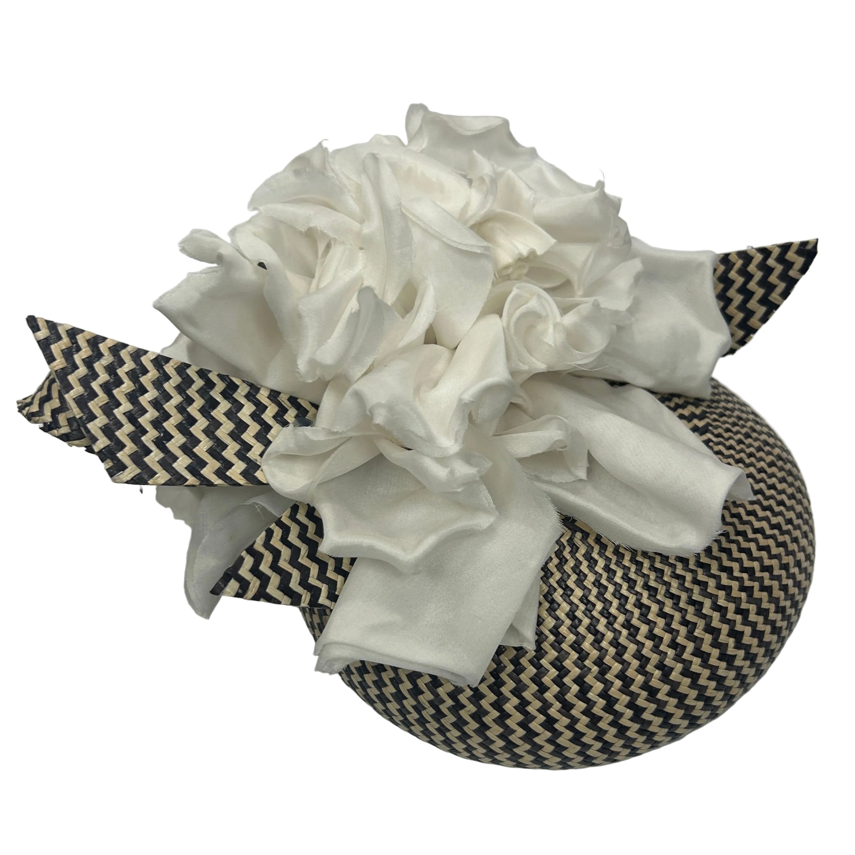 Jess Collett £1200 Black & Natural Basketweave Silk Ruffle Hat