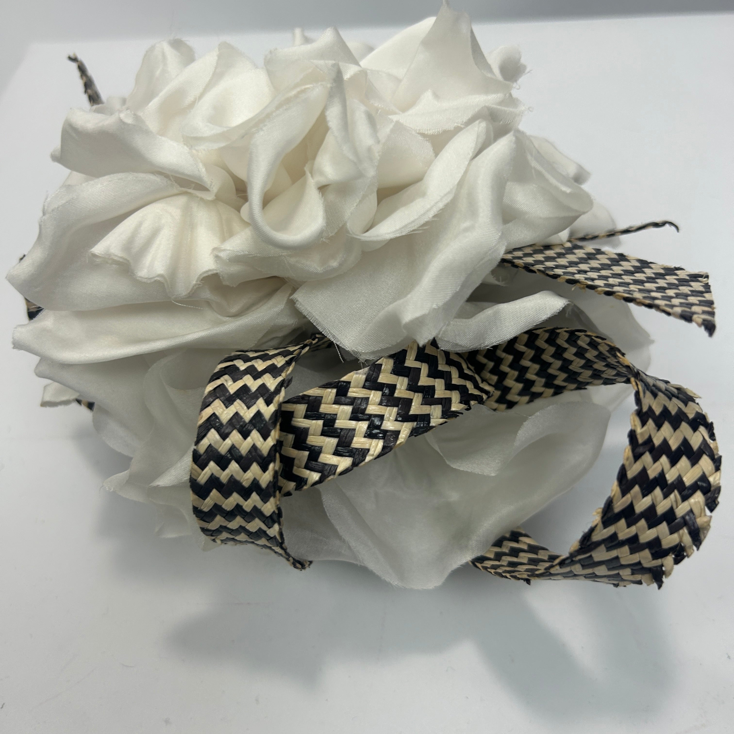 Jess Collett £1200 Black & Natural Basketweave Silk Ruffle Hat