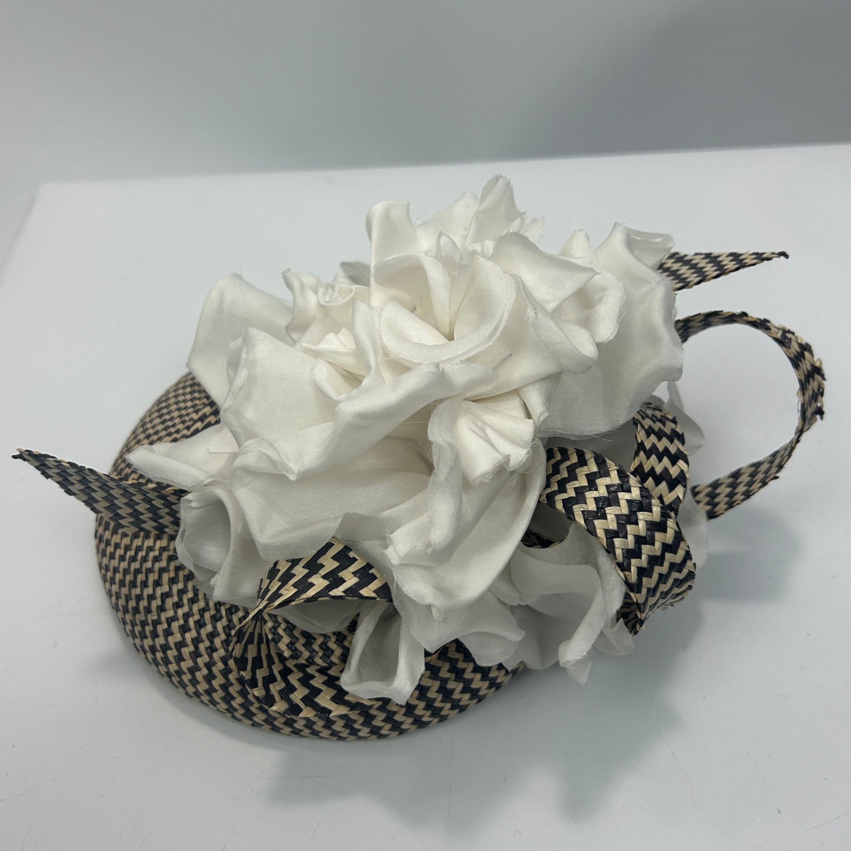 Jess Collett £1200 Black & Natural Basketweave Silk Ruffle Hat