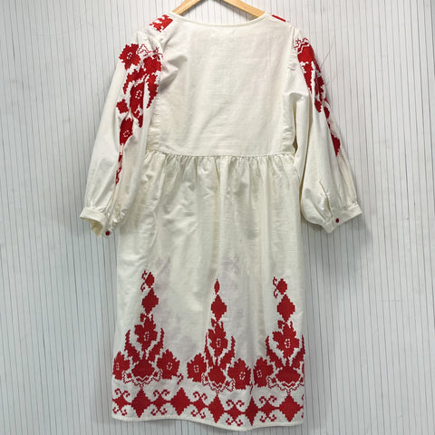Velvet_Brand New Ecru & Red Embroidered Cotton Tunic Dress_S/M