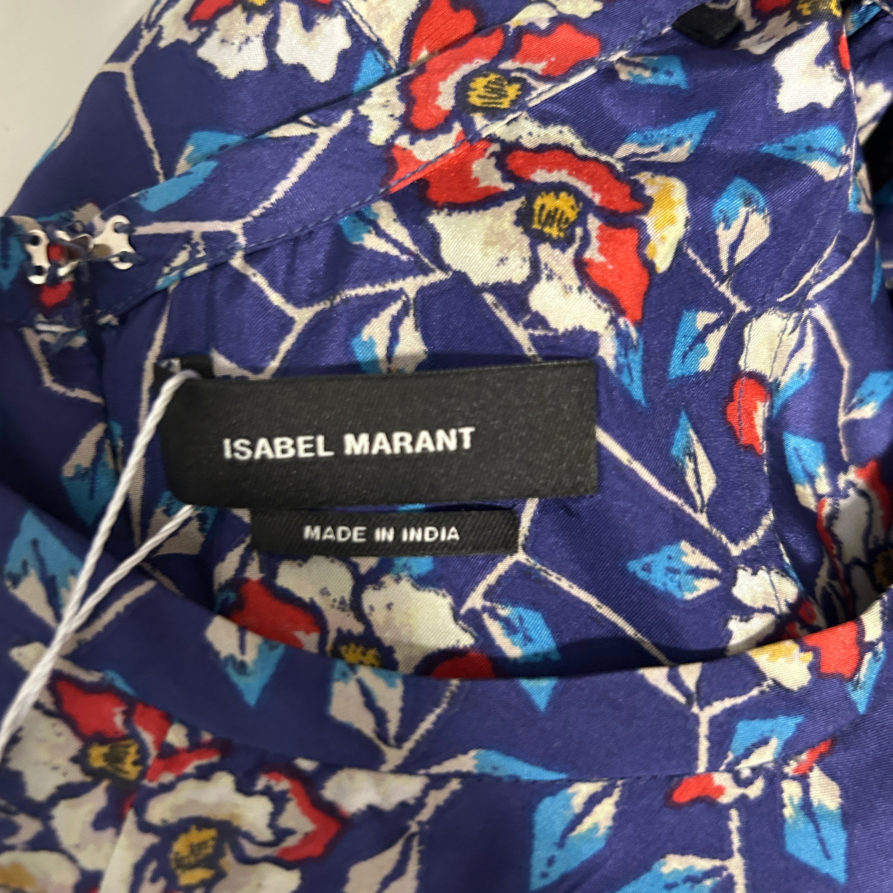 Isabel Marant Royal Blue Floral Silk Cap Sleeve Top XXS