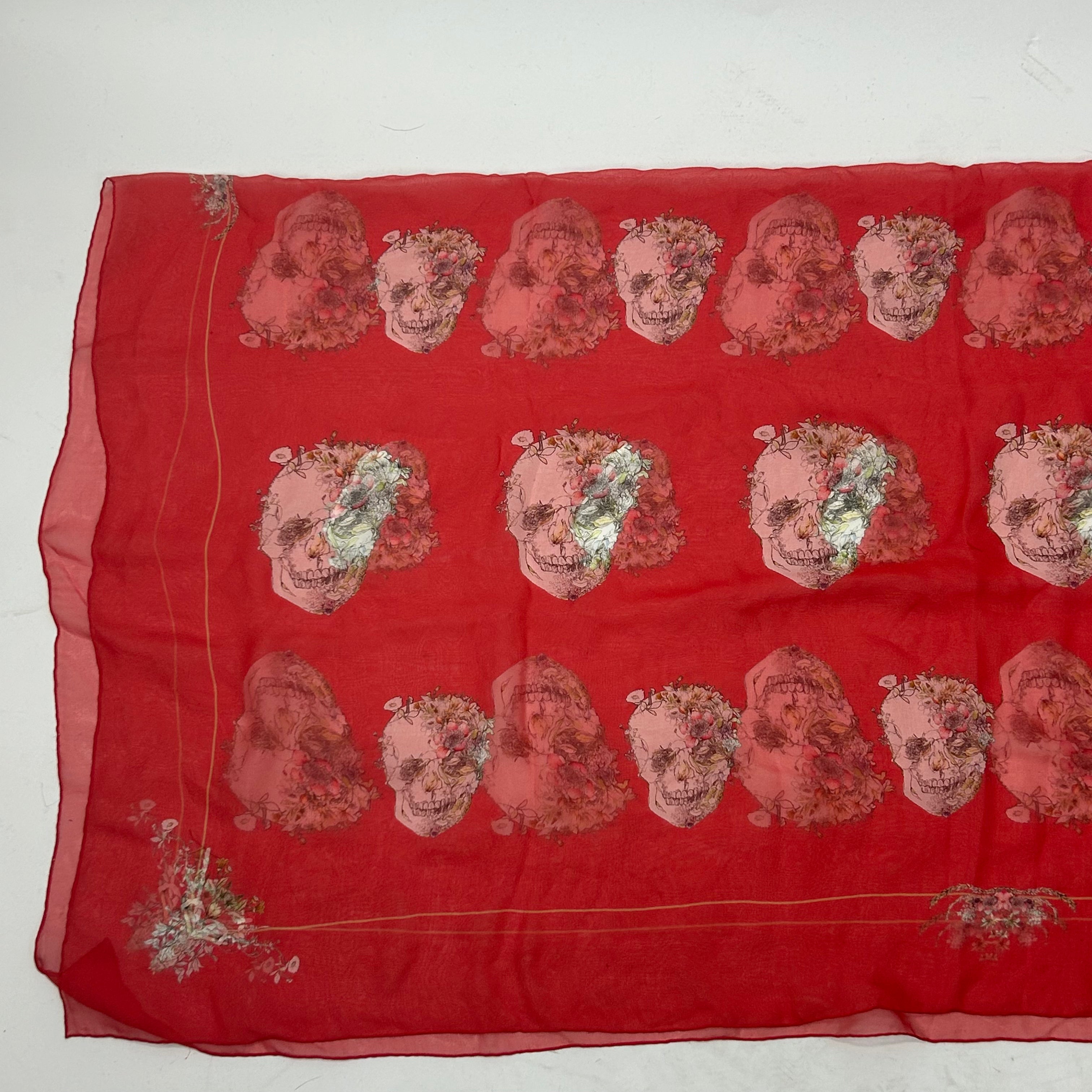 Alexander McQueen Scarlet Floral Skull Silk Chiffon Scarf
