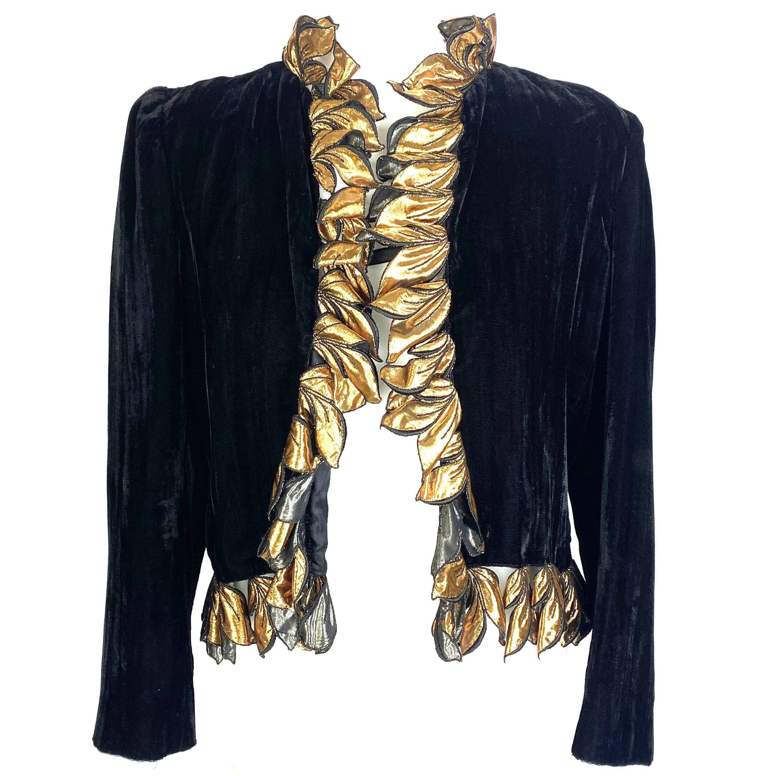 Chanel Vintage Black Velvet Gold Petal Trim Bolero Jacket S/M