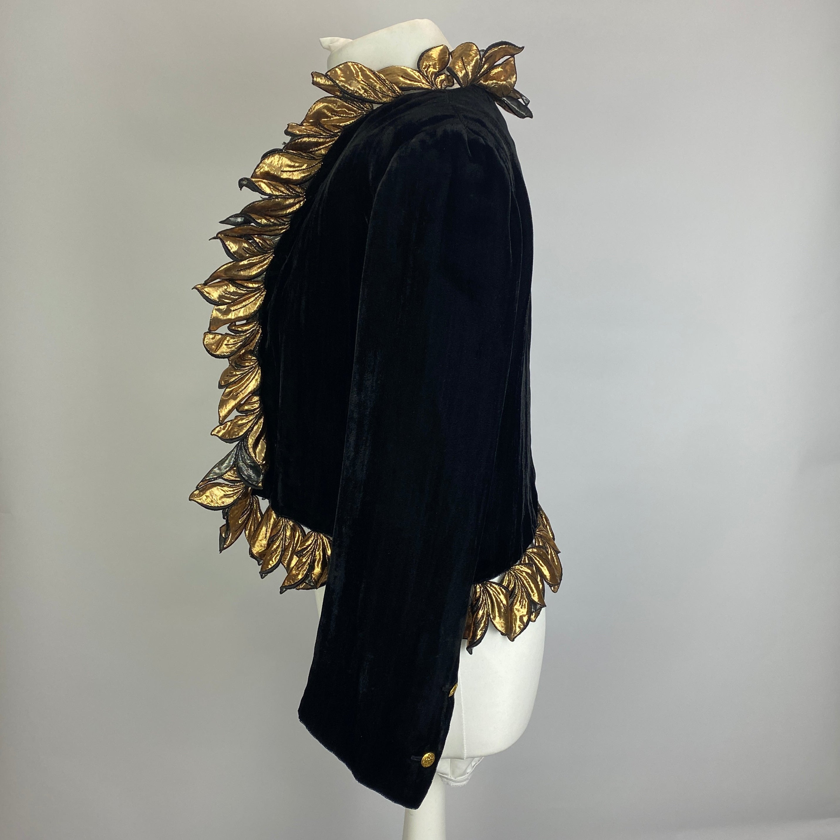 Chanel Vintage Black Velvet Gold Petal Trim Bolero Jacket S/M