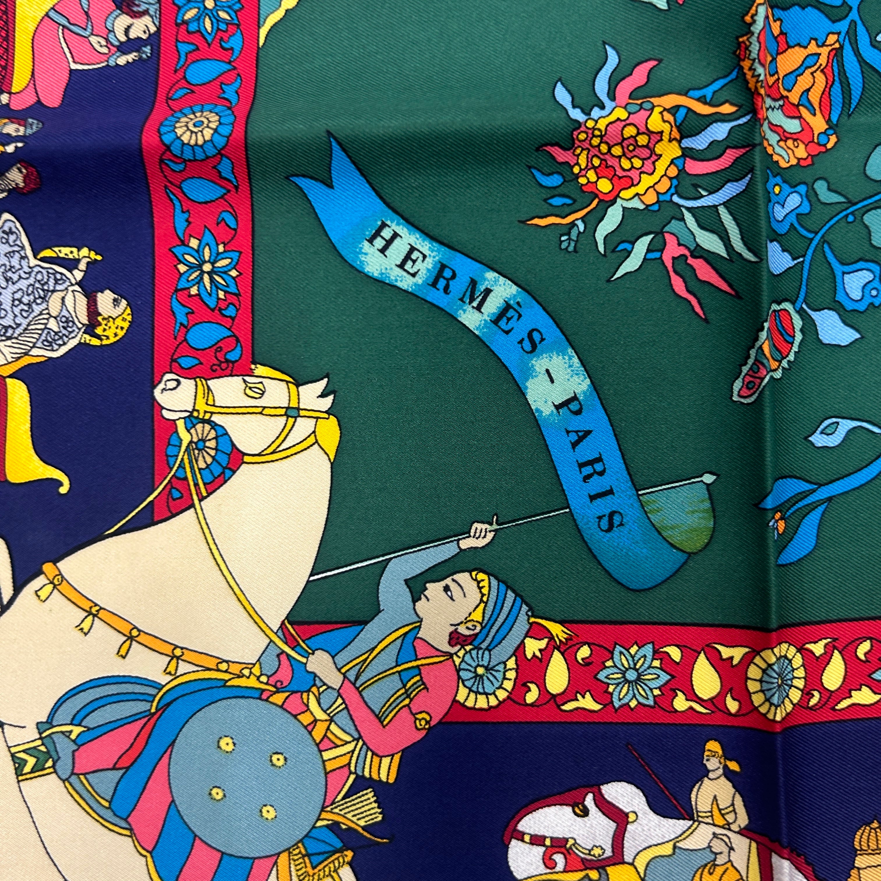 Hermes Navy & Ivy Fantaisies Indiennes Silk Twill 90 Scarf