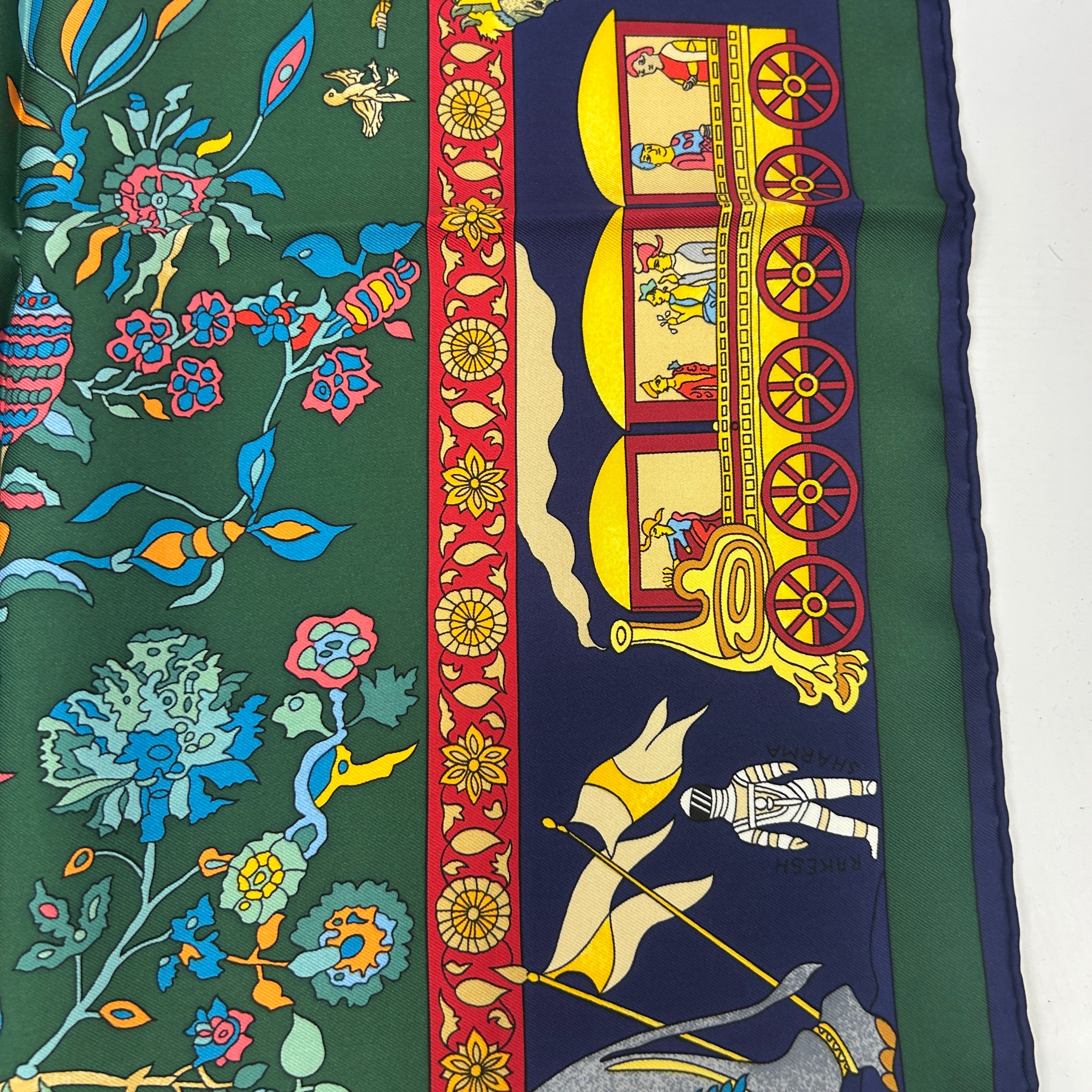 Hermes Navy & Ivy Fantaisies Indiennes Silk Twill 90 Scarf