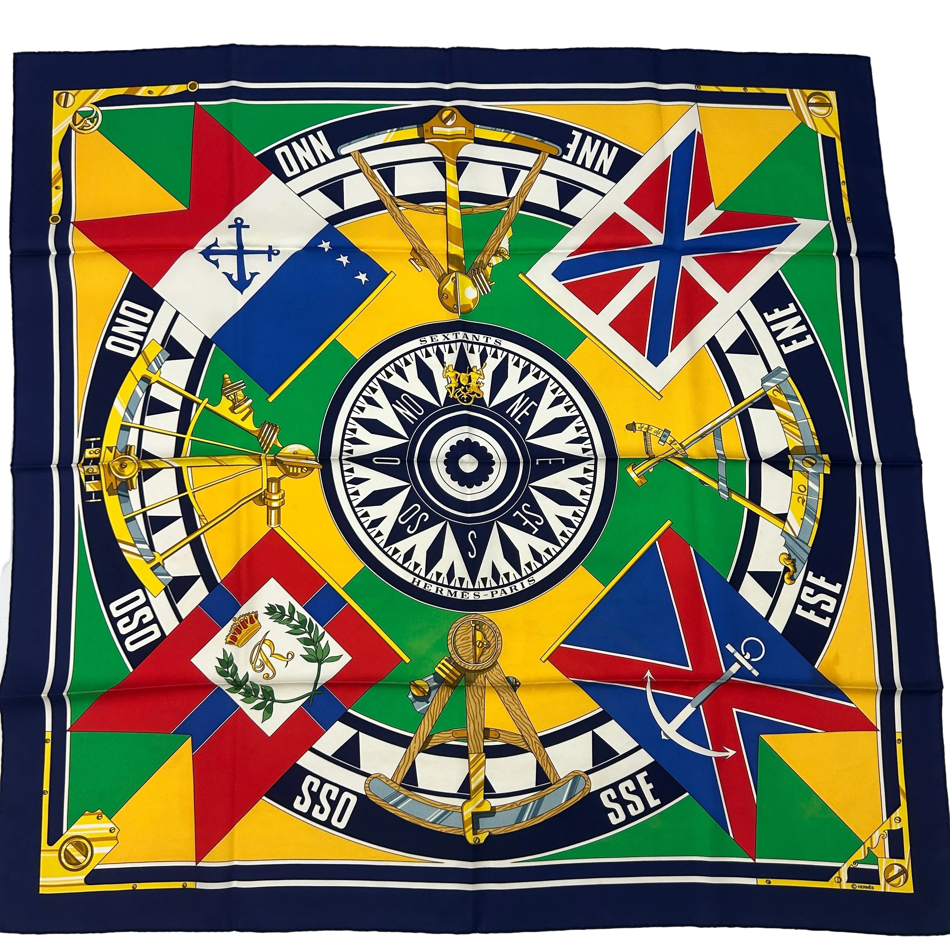Hermes Navy Sextants Silk Twill 90 Scarf