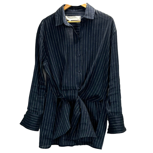Victoria Beckham Navy Pinstripe Linen & Silk Feature Shirt M