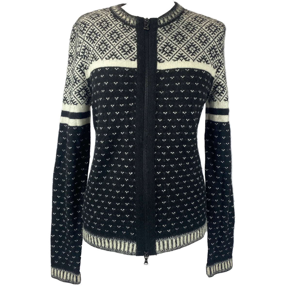 Bogner Black & White Alpine Knit Zippered Cardigan L