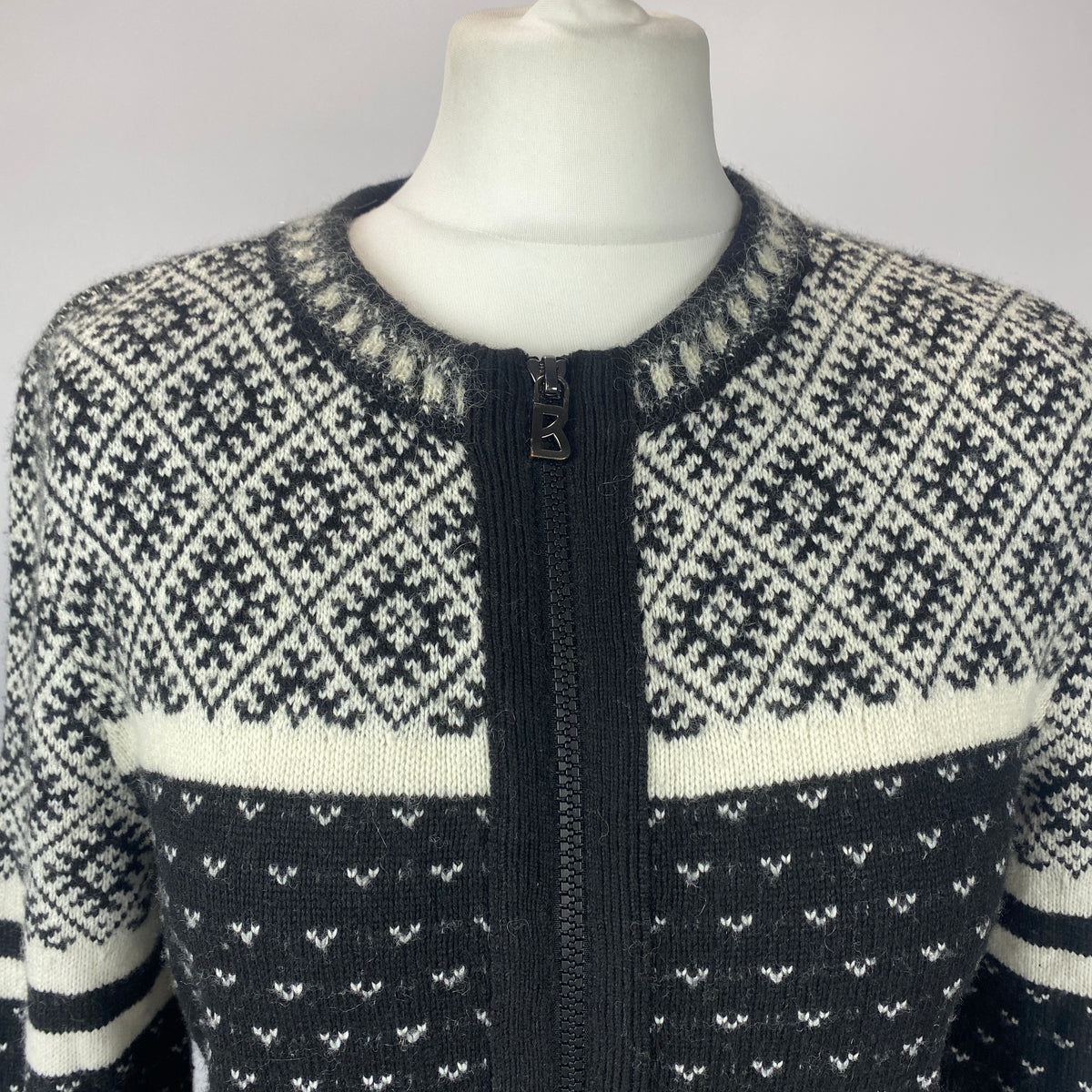Bogner Black & White Alpine Knit Zippered Cardigan L