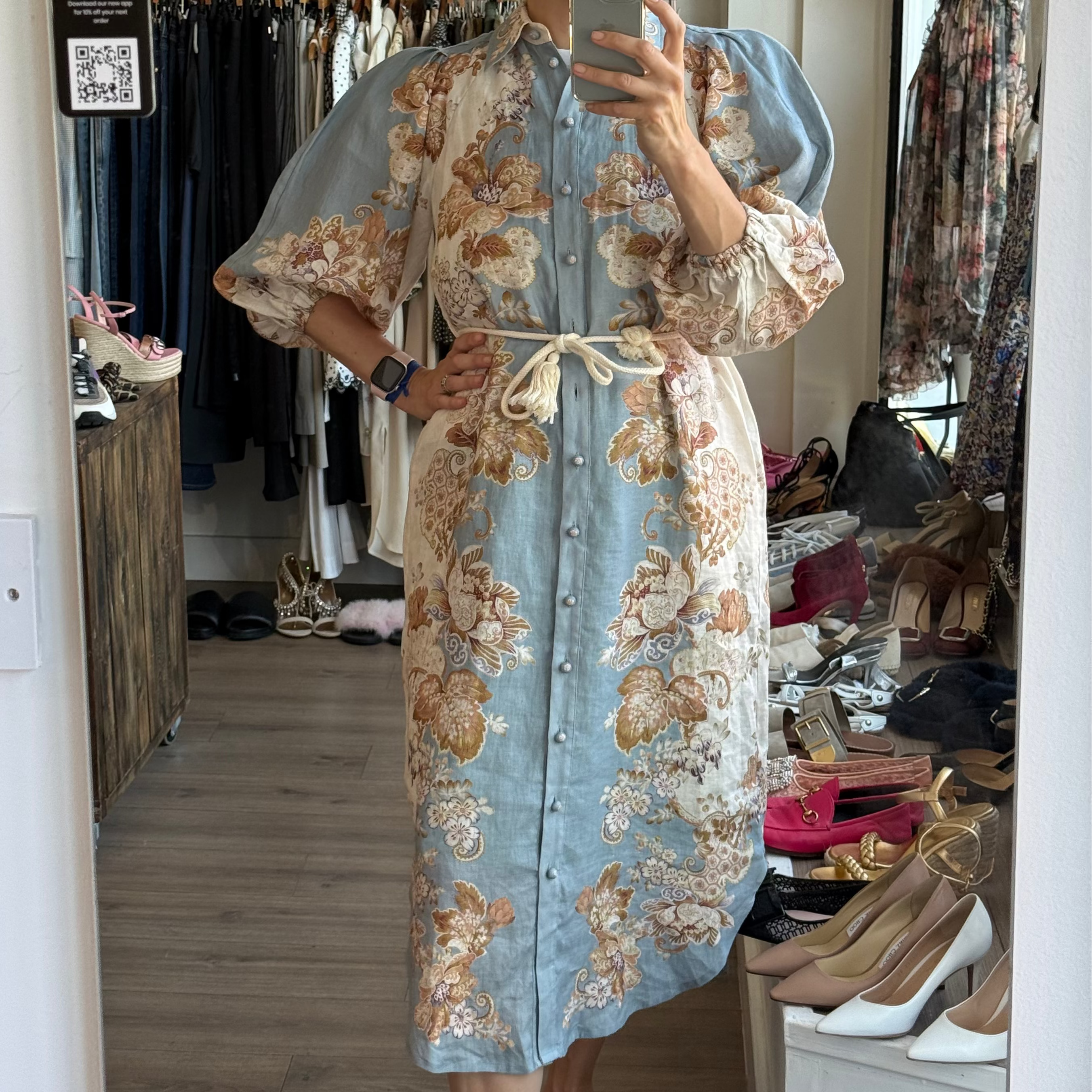 Alemais £475 Blue & Cream Blythe Linen Shirtdress XXS/XS/S