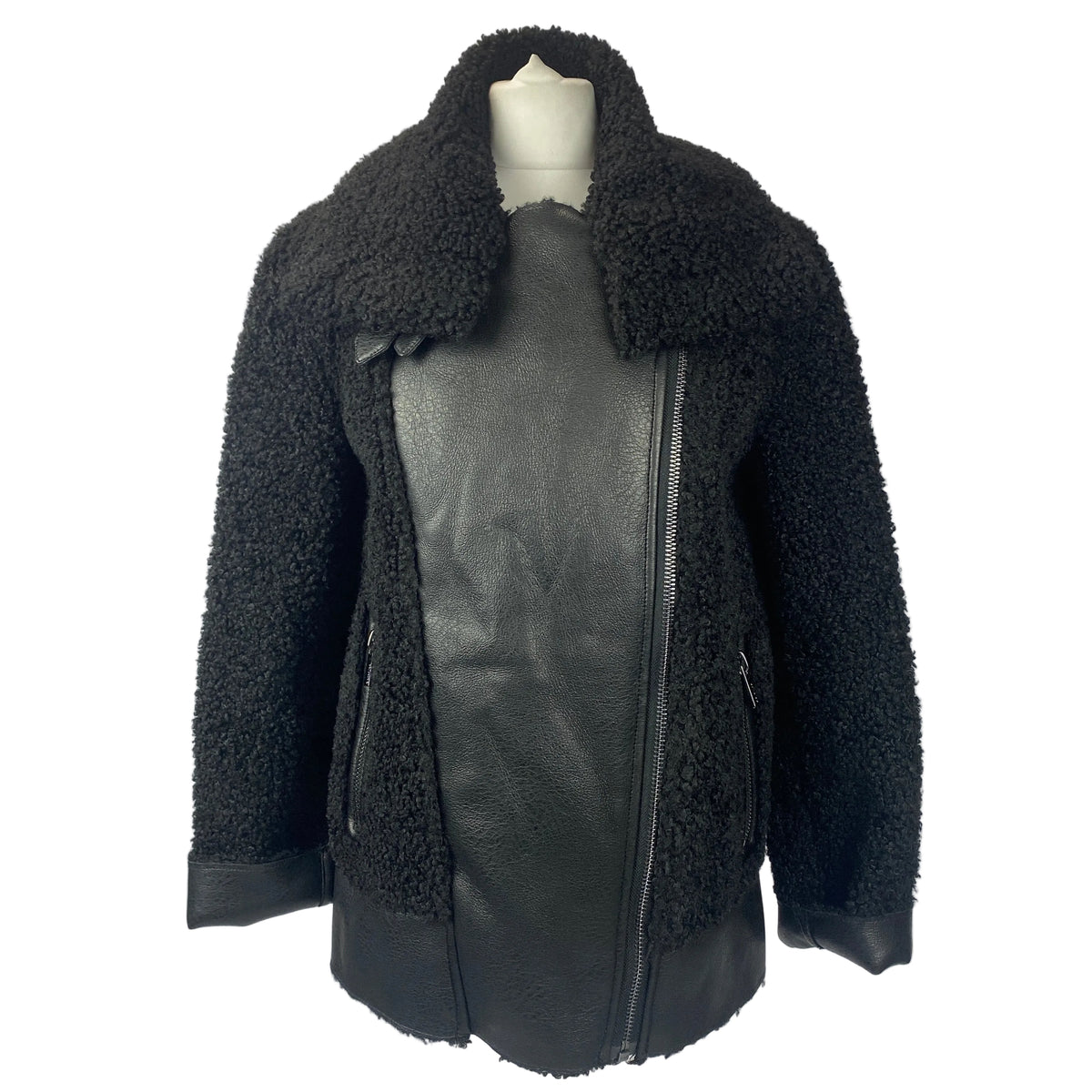 Berenice New Black Curly Faux Shearling Biker Jacket XS