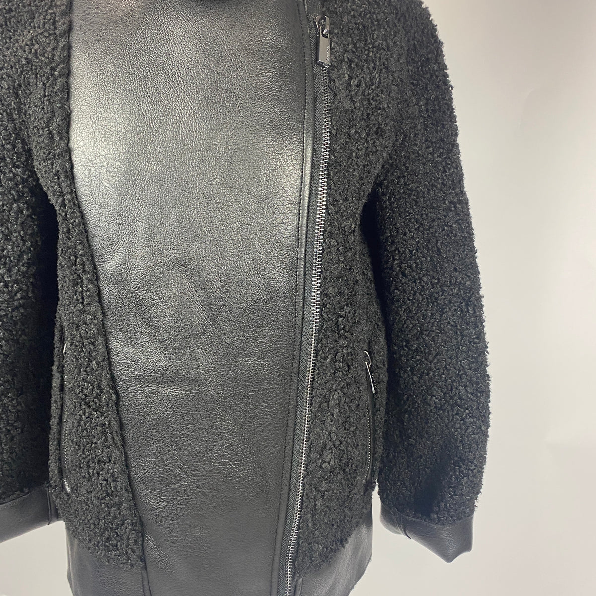 Berenice New Black Curly Faux Shearling Biker Jacket XS