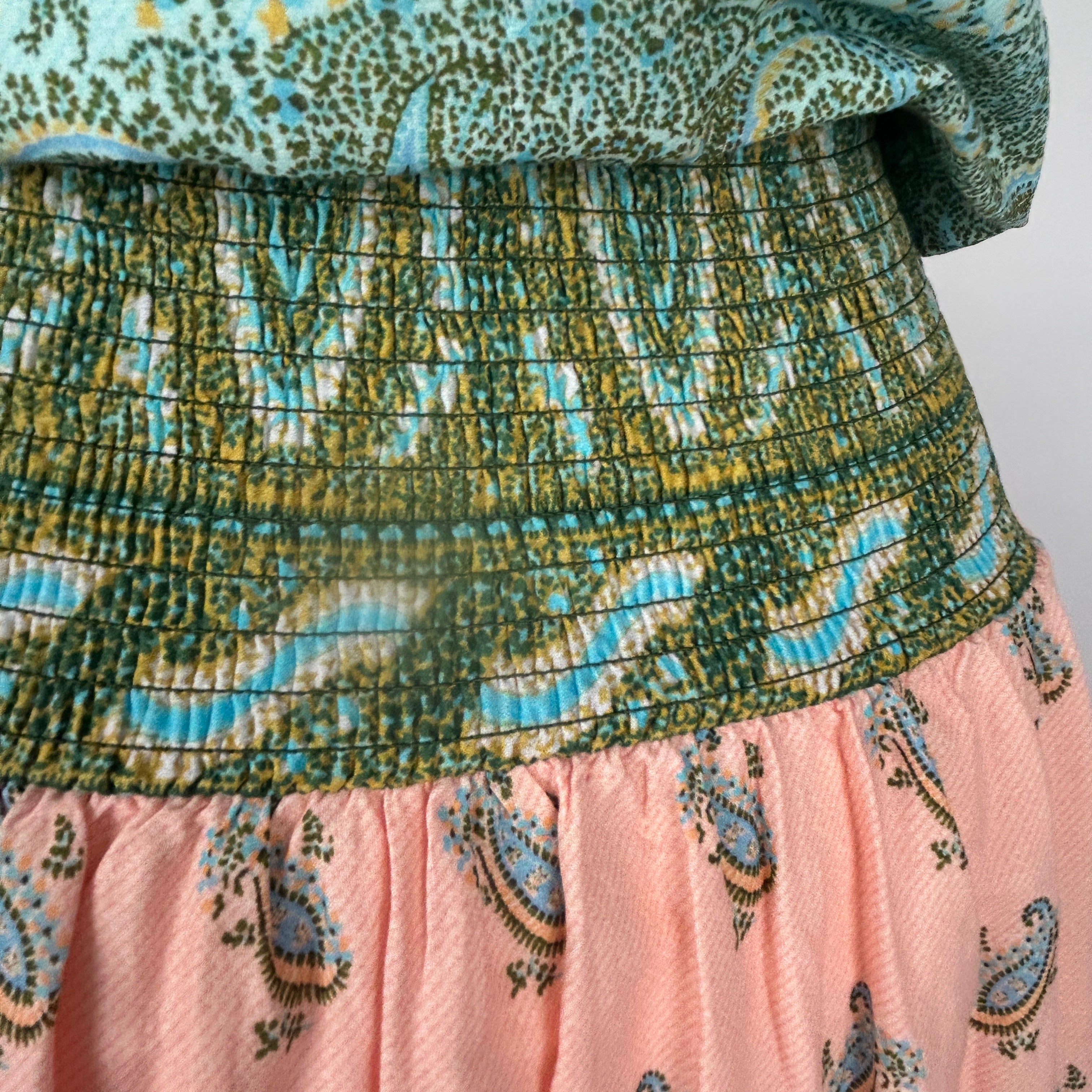 Boteh New £355 Peach & Mint Lucent Drop Waist Maxi Dress M