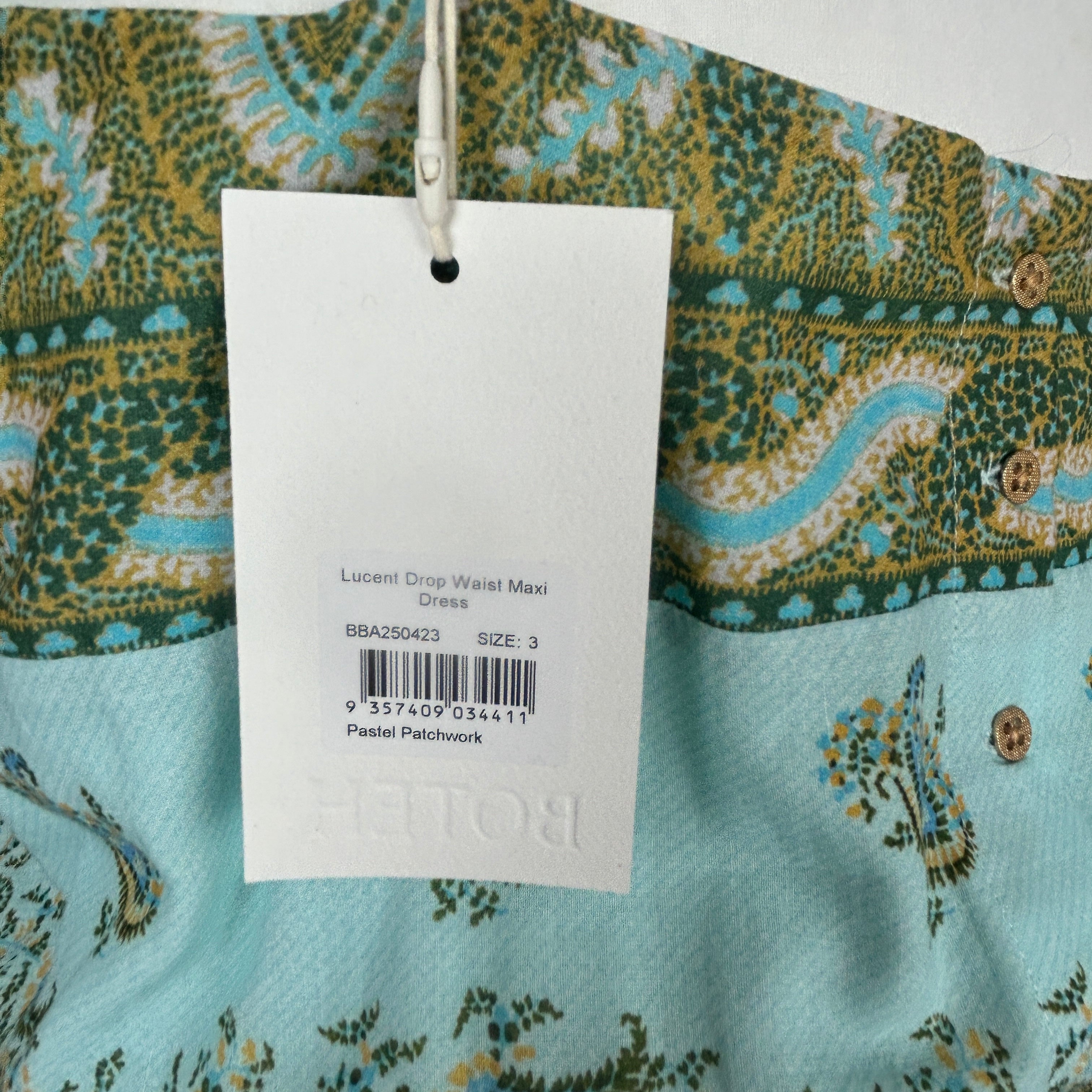 Boteh New £355 Peach & Mint Lucent Drop Waist Maxi Dress M