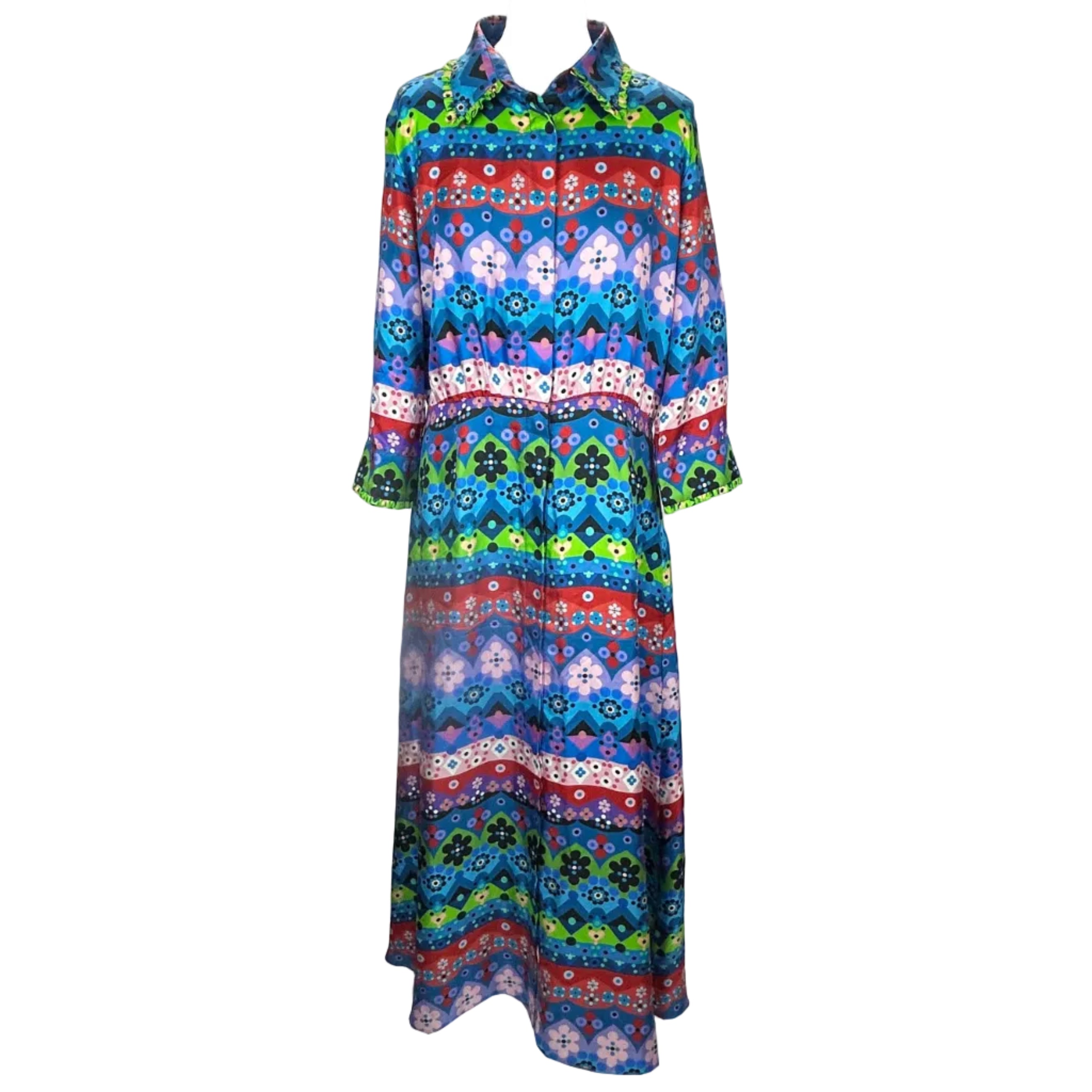 Borgo De Nor Bright Printed Silk Twill Maxi Shirt Dress XL