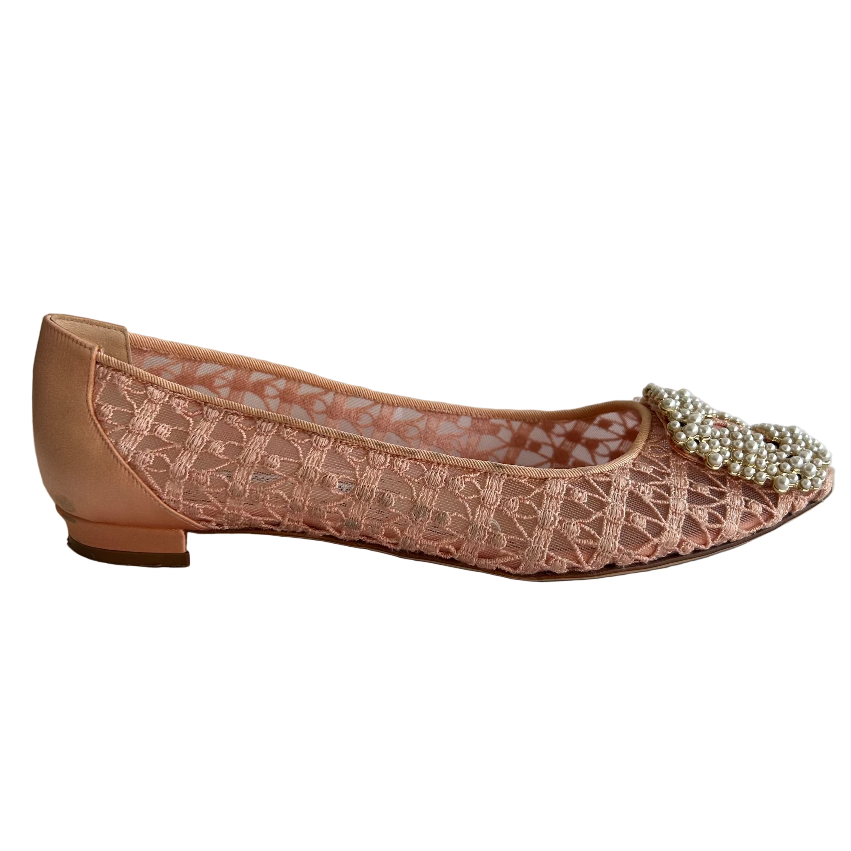 Manolo Blahnik £1035 Pink Lace & Pearl Hangisi Flats 35.5