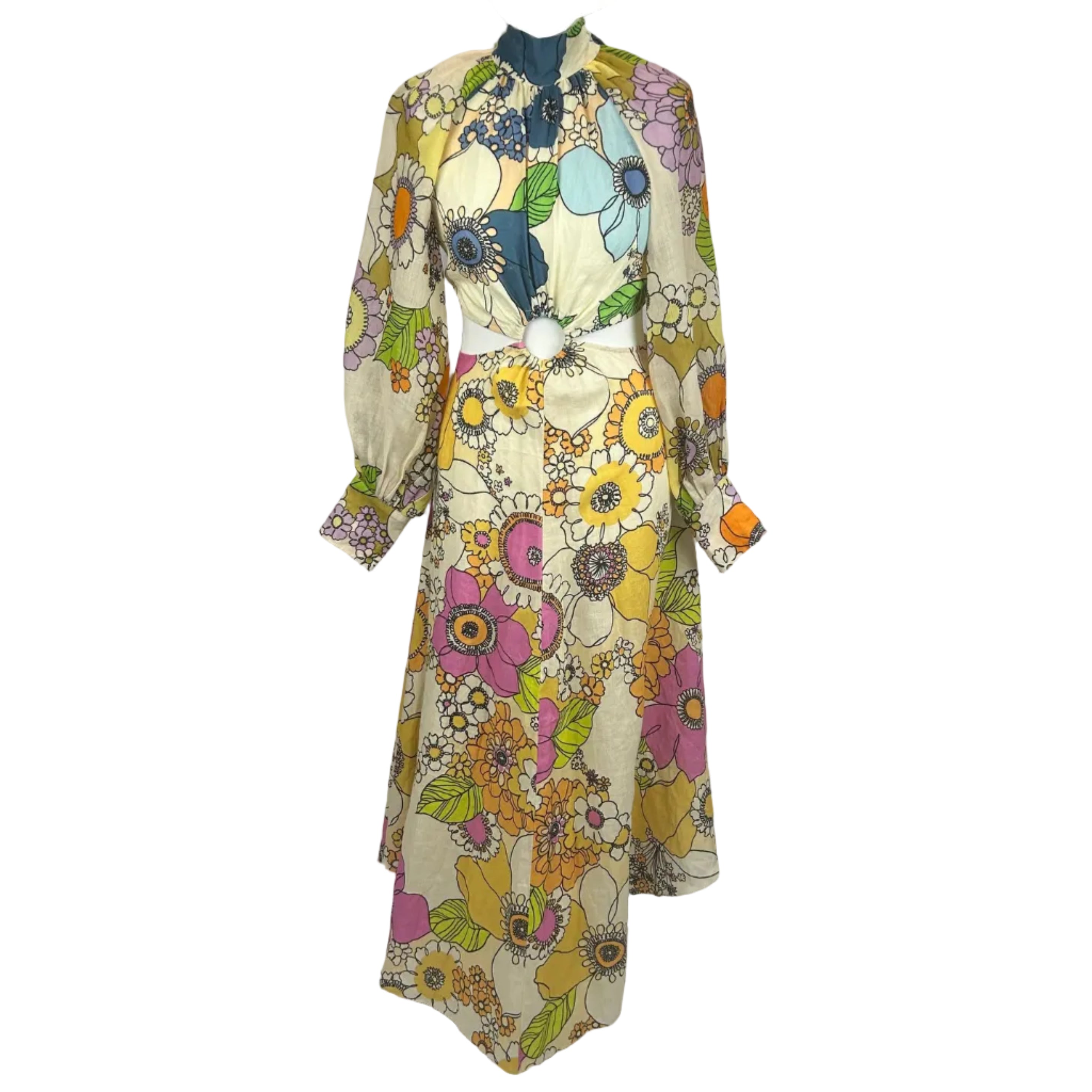 Alemais Cream & Acids Floral Linen Peekaboo Maxi Dress XXS