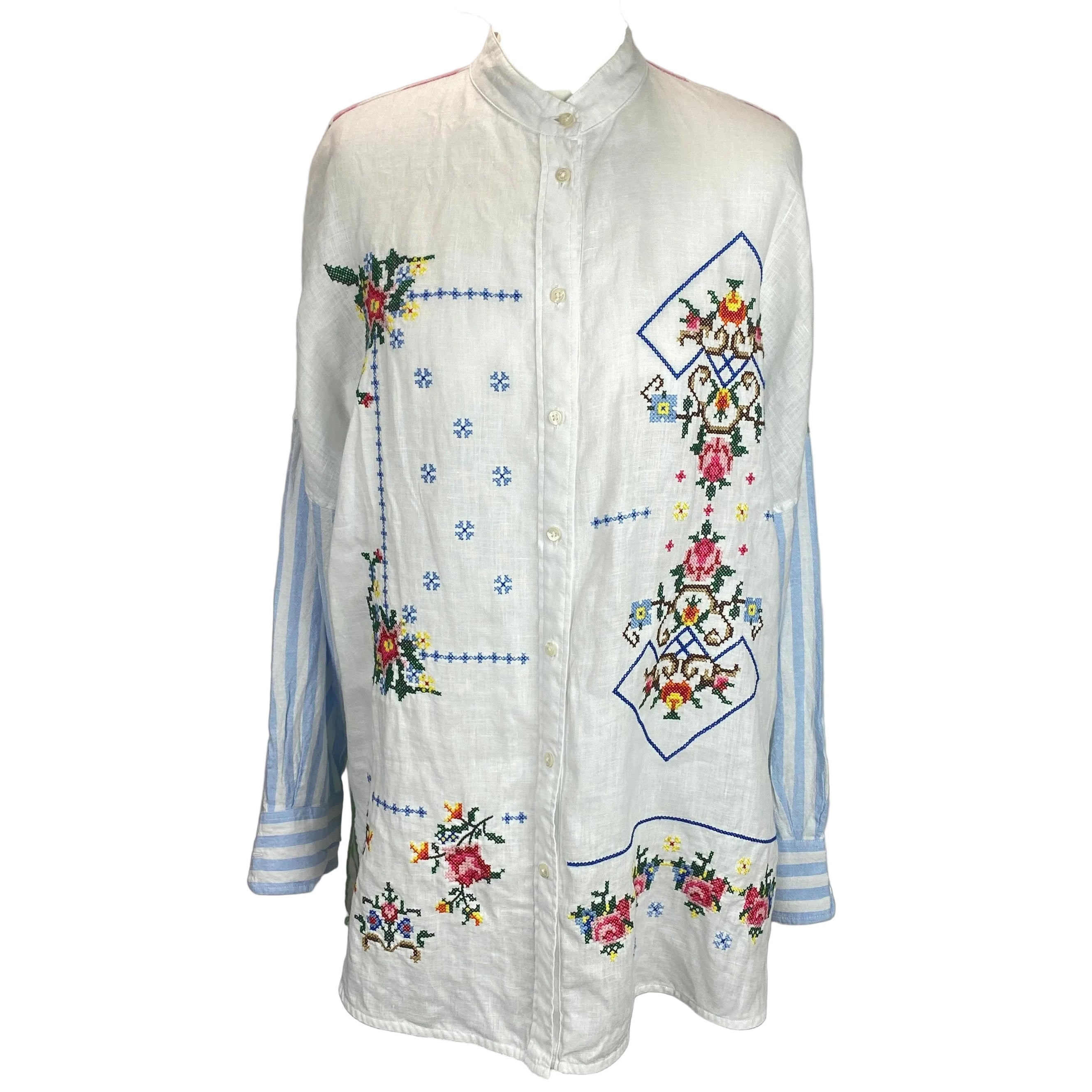 Vilagallo Pastel & White Cross-Stitch Linen Shirt M
