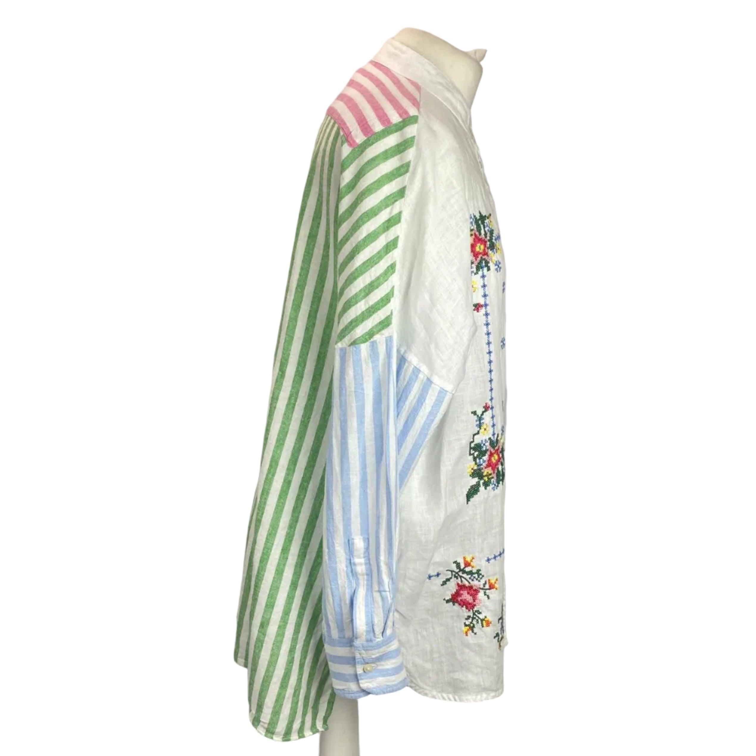 Vilagallo Pastel & White Cross-Stitch Linen Shirt M