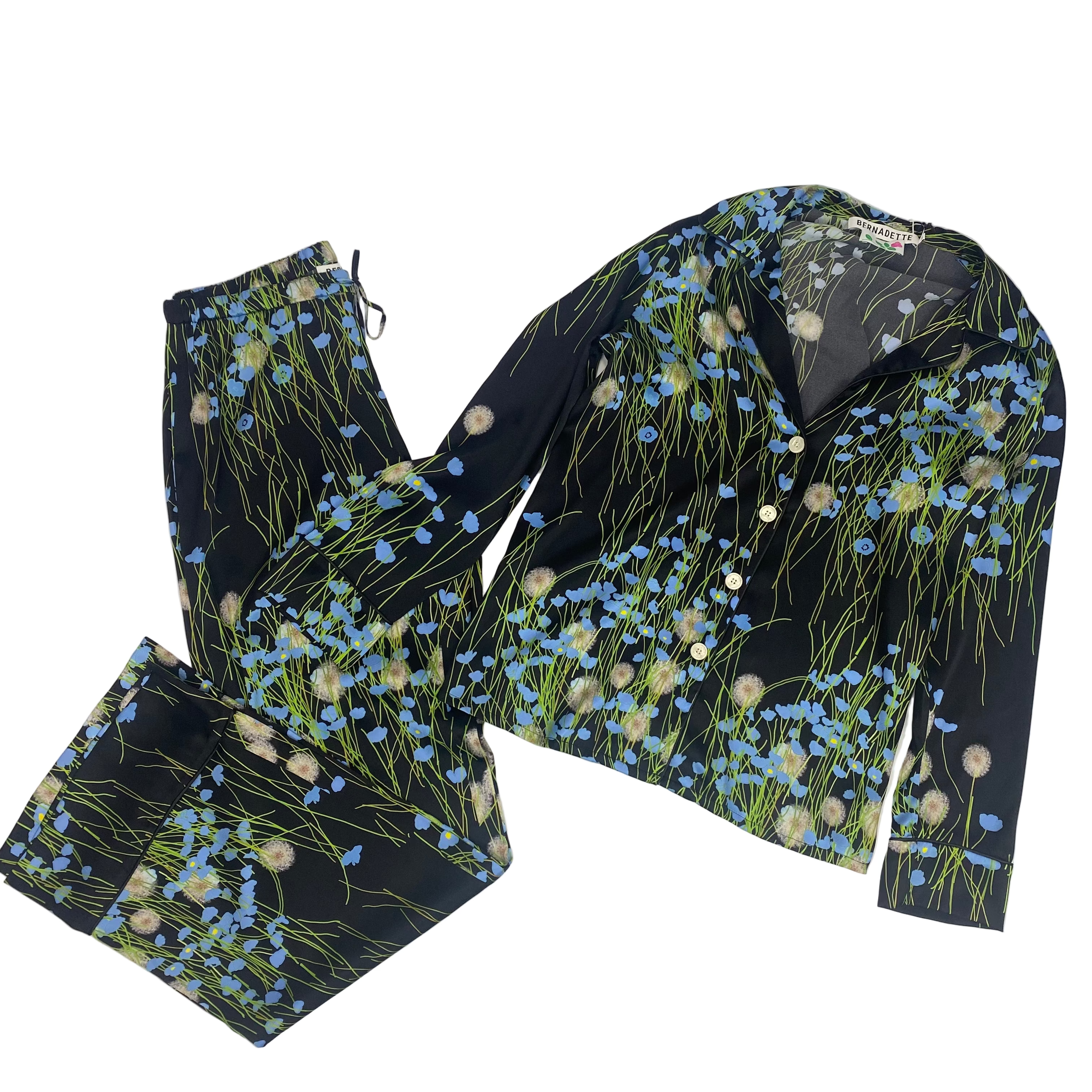 Bernadette £663 Black Buttercup Field Print Silk Pyjama Set M