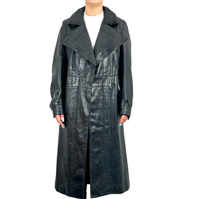 Yves Saint Laurent_Black Crackled Leather Trench Coat_FR38