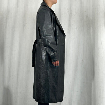 Yves Saint Laurent_Black Crackled Leather Trench Coat_FR38