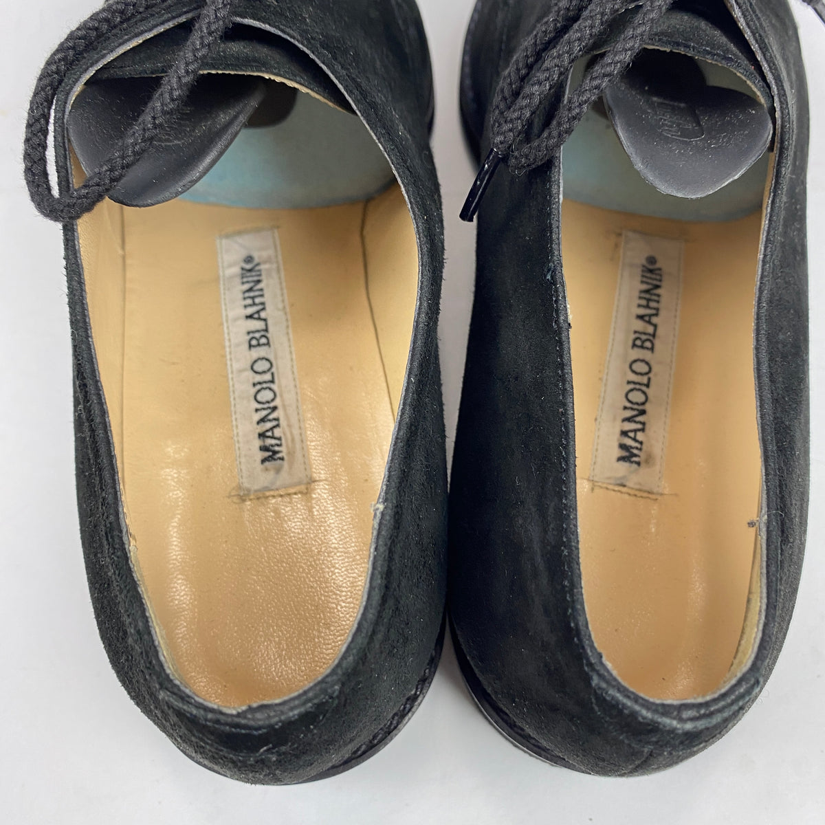 Manolo Blahnik New Black Suede Square Toe Lace-Ups 36