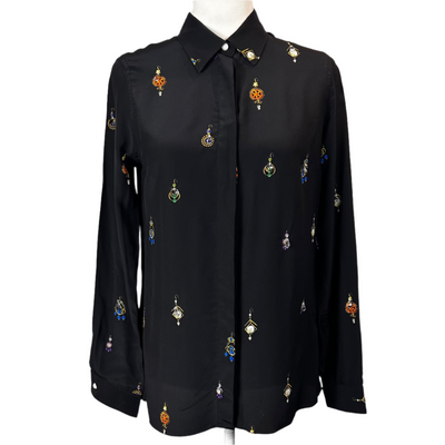 Victoria Beckham Black Print Silk Embellished Shirt XS