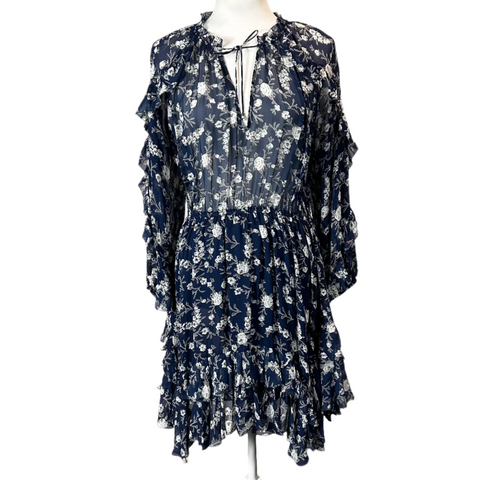 Ulla Johnson Royal Blue & Grey Floral Silk Chiffon Midi Dress S