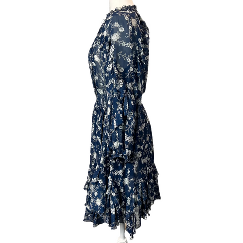 Ulla Johnson Royal Blue & Grey Floral Silk Chiffon Midi Dress S