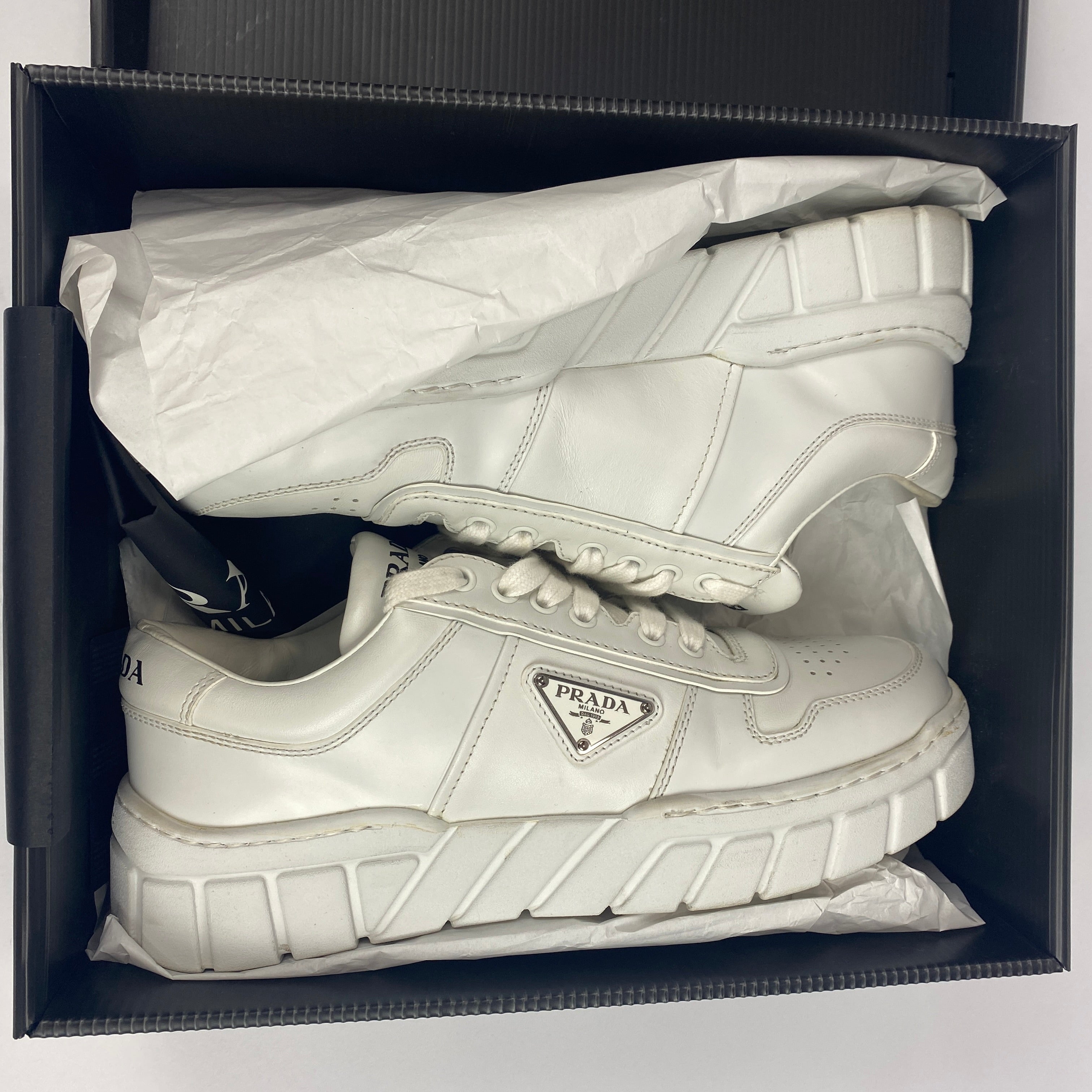 Prada £870 White Leather Downtown Trainers 41