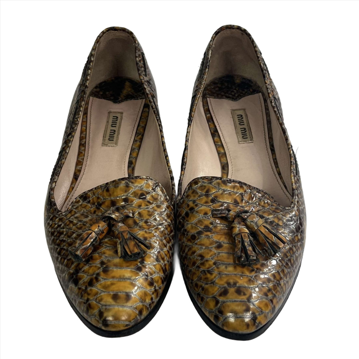 Miu Miu Mustard Patent Snakeskin Loafers 41