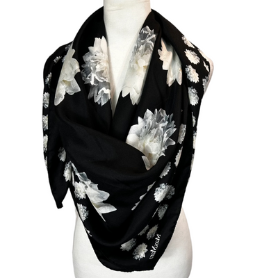 Max Mara £145 Black & Ivory Rose Print Silk Scarf