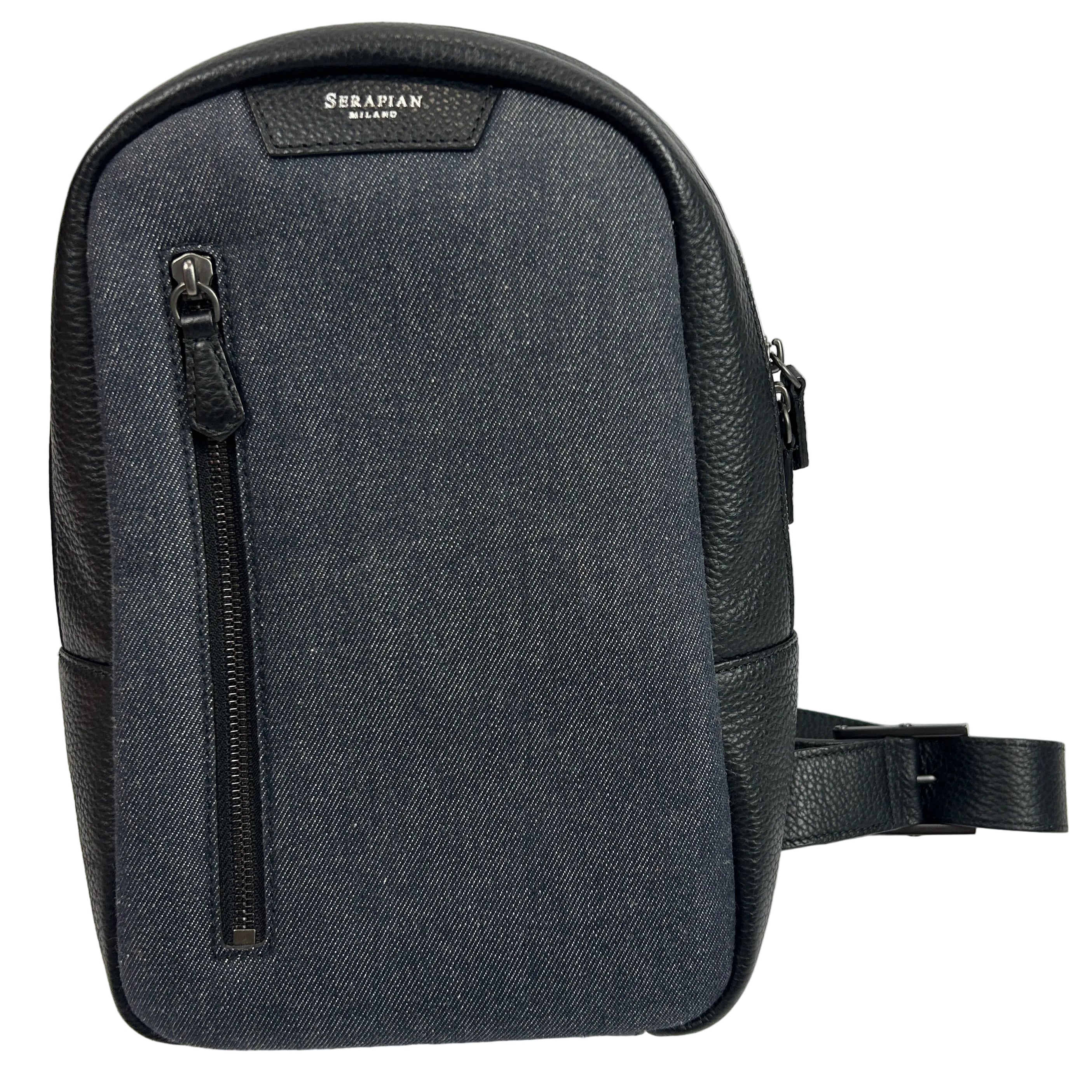 Serapian Milano £750 Dark Indigo Denim & Black Leather Sling Backpack