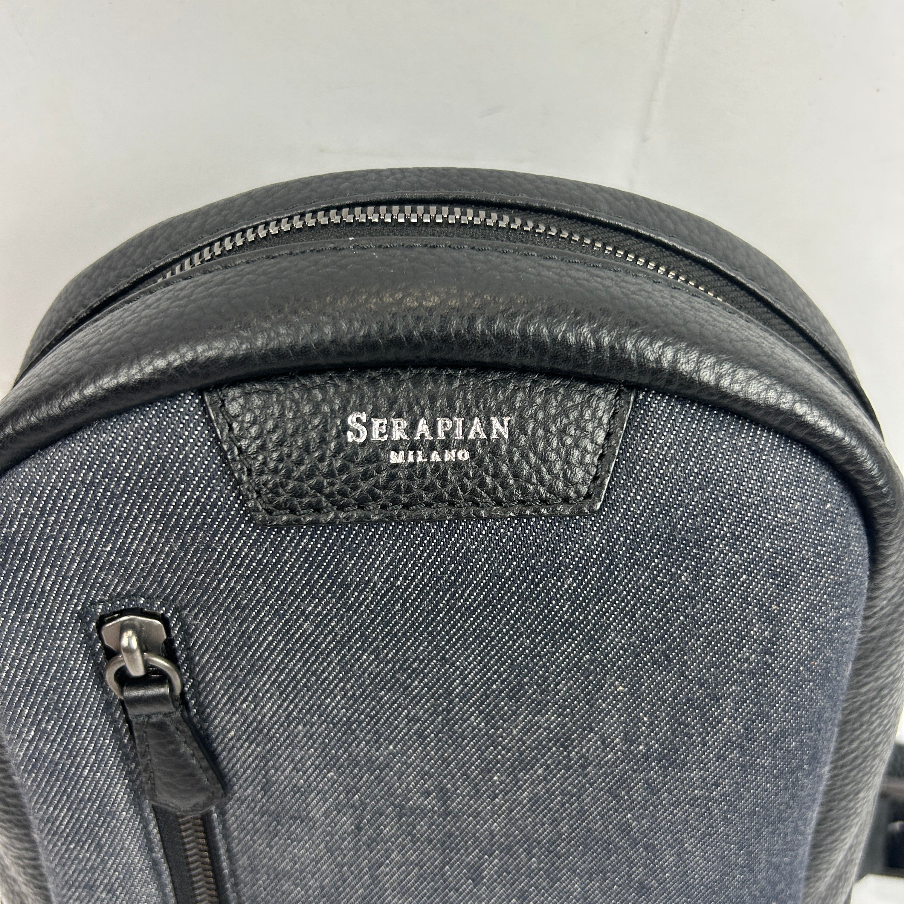 Serapian Milano £750 Dark Indigo Denim & Black Leather Sling Backpack
