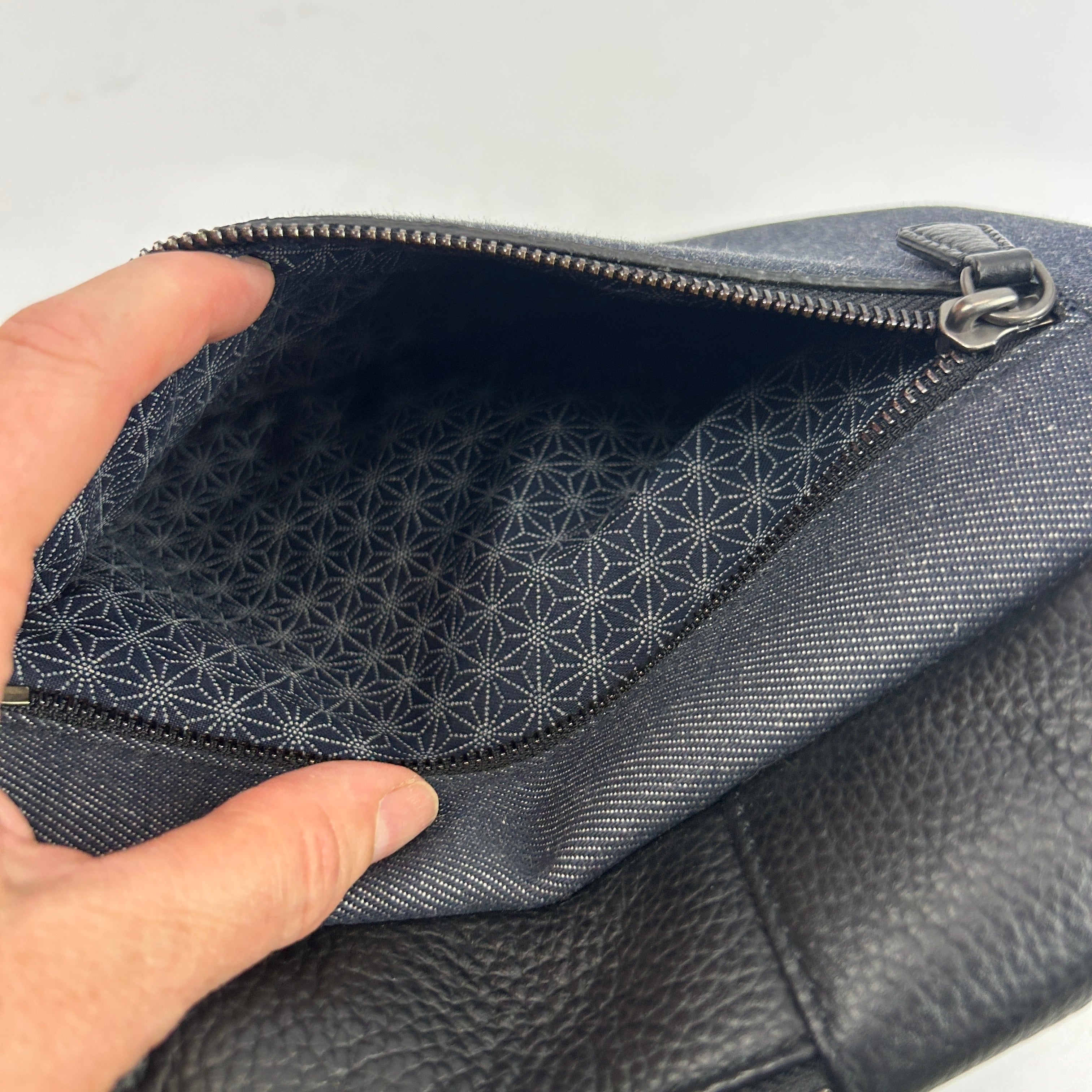 Serapian Milano £750 Dark Indigo Denim & Black Leather Sling Backpack
