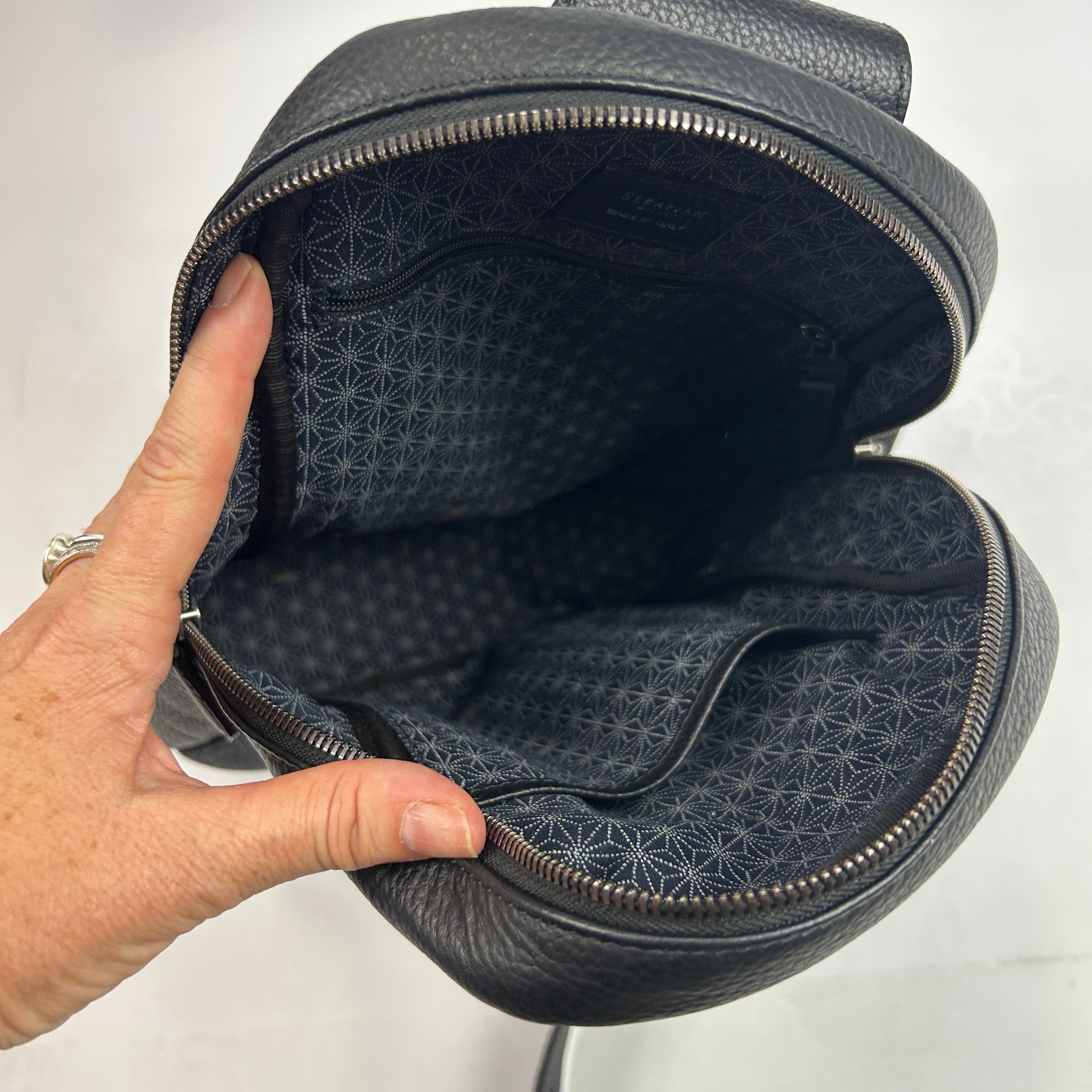 Serapian Milano £750 Dark Indigo Denim & Black Leather Sling Backpack