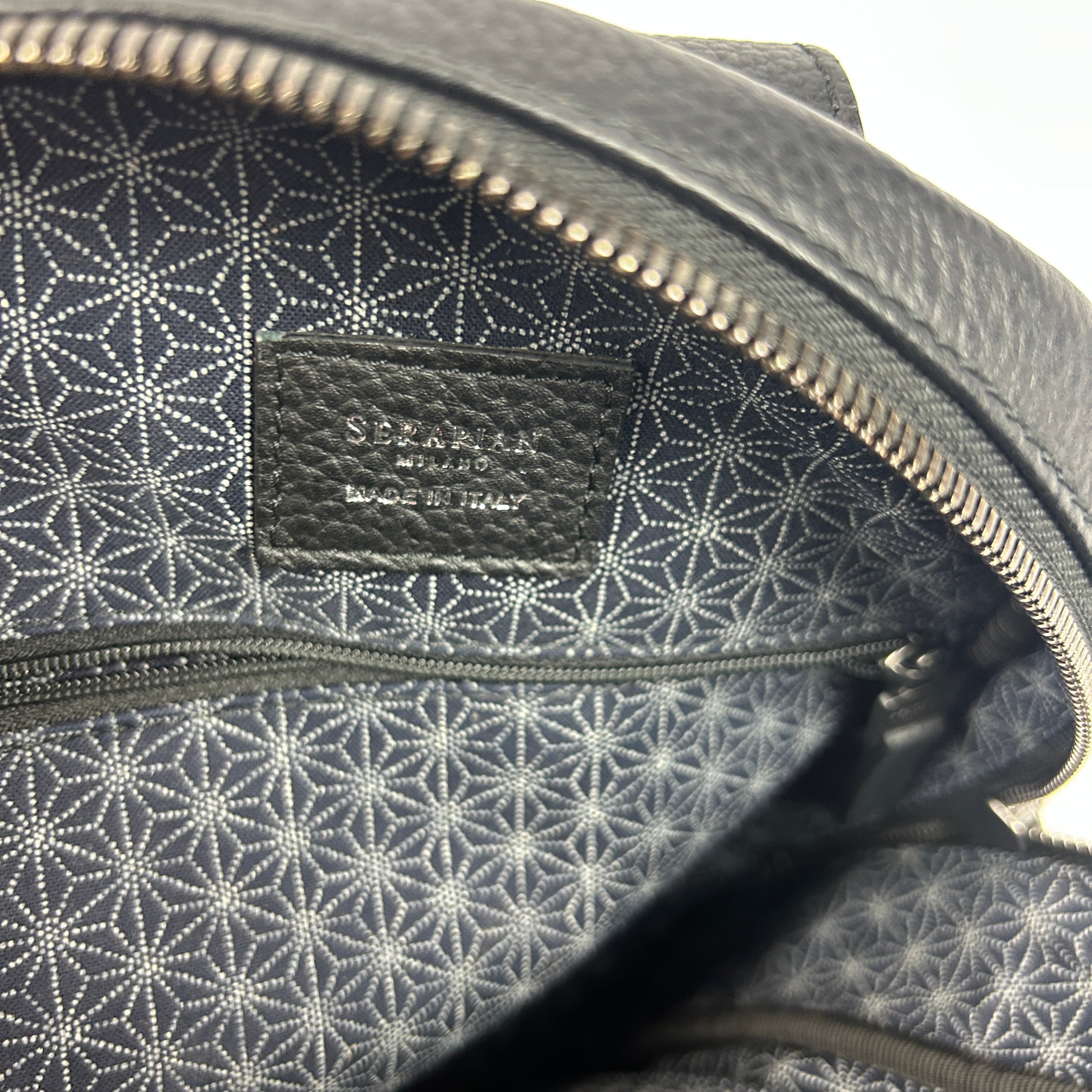 Serapian Milano £750 Dark Indigo Denim & Black Leather Sling Backpack