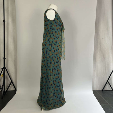 Jean Muir Vintage Turquoise Floral Silk Chiffon Maxi Dress S/M