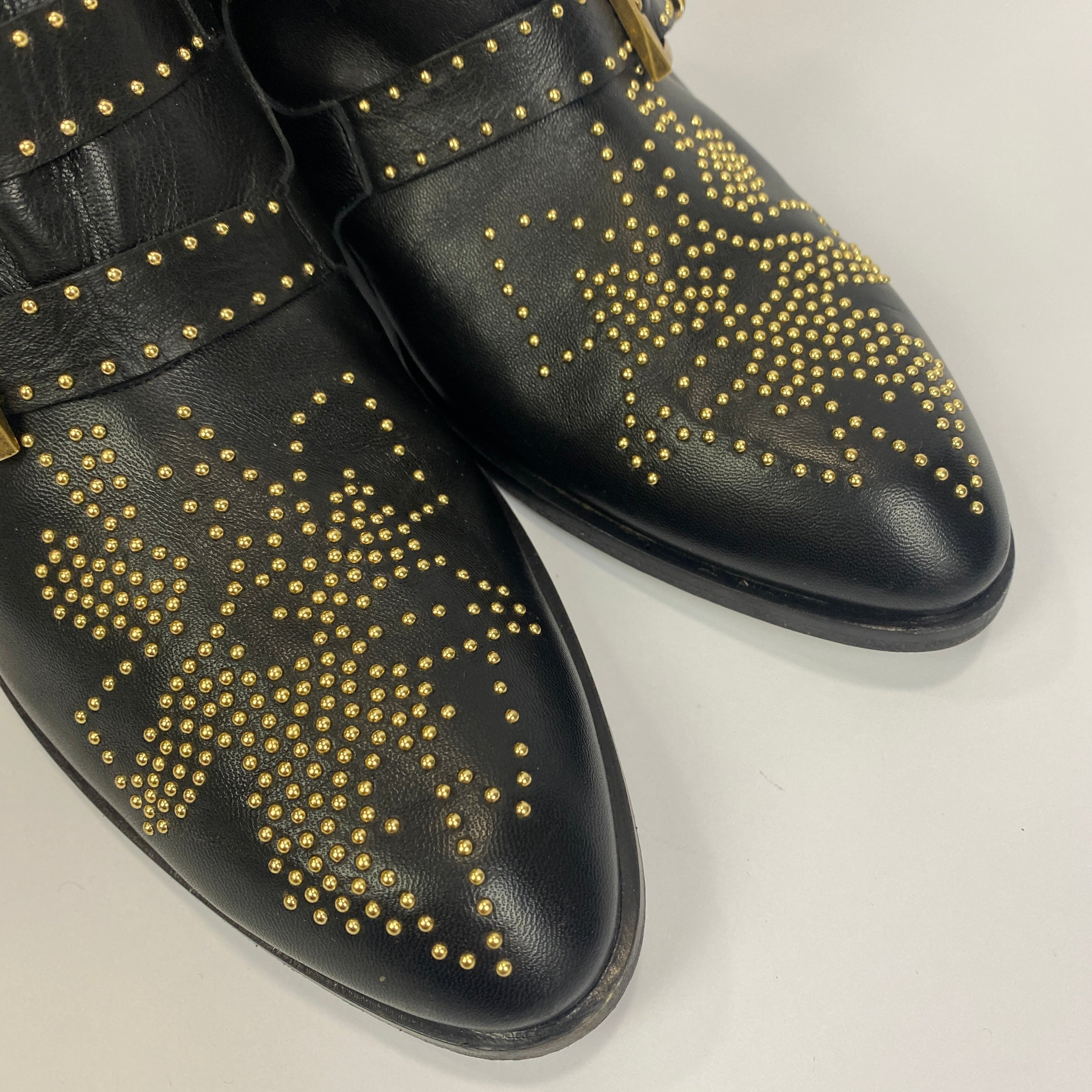 Chloe £1090 Black Gold Studded Leather Susanna Ankle Boots 41