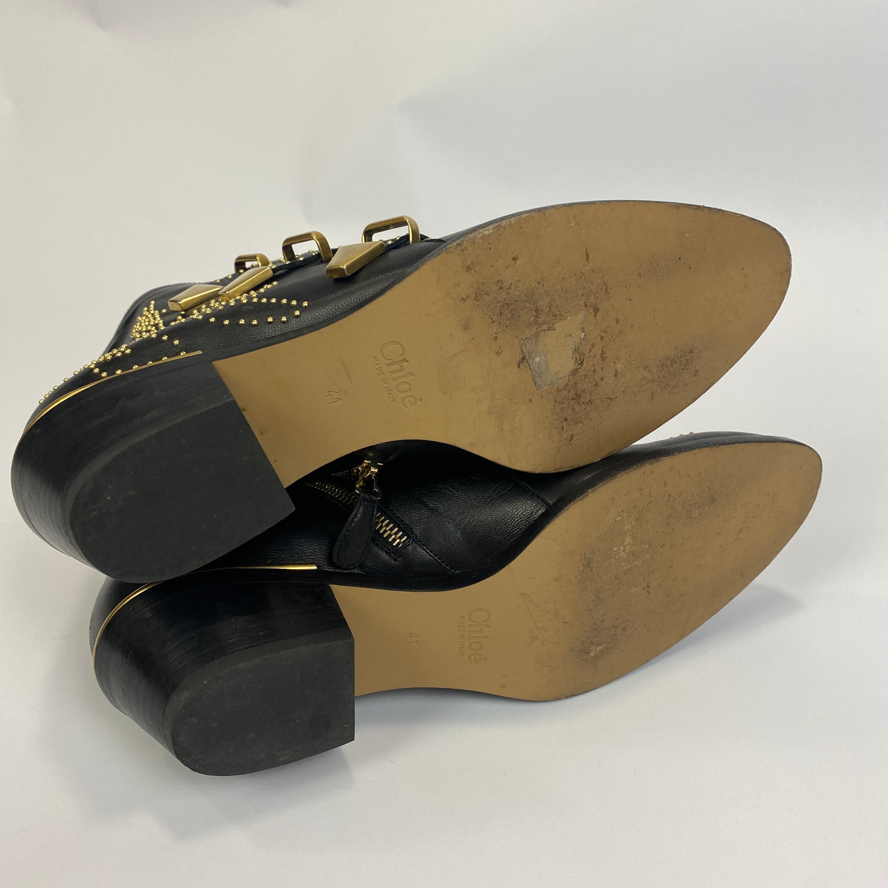 Chloe £1090 Black Gold Studded Leather Susanna Ankle Boots 41