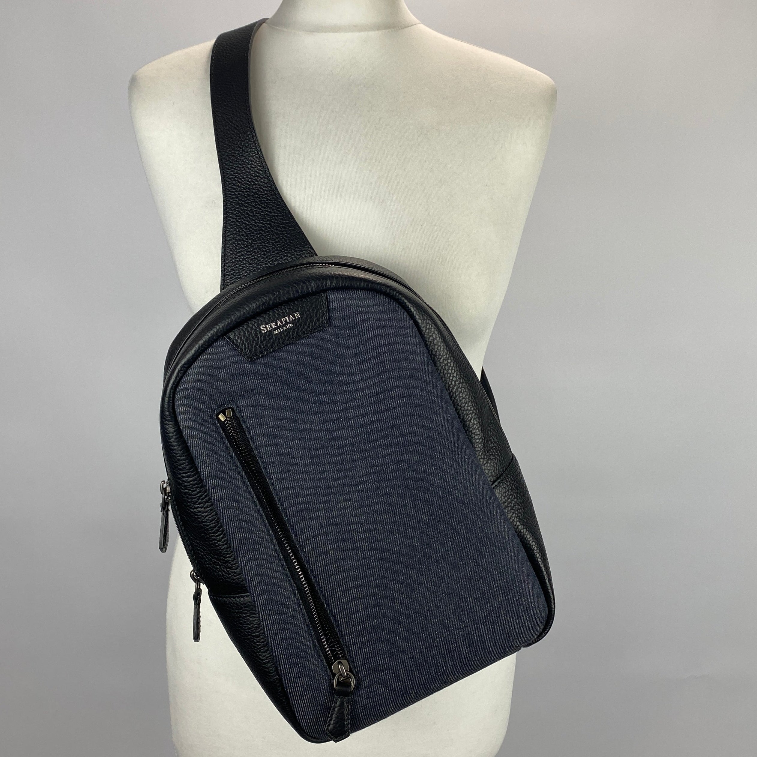 Serapian Milano £750 Dark Indigo Denim & Black Leather Sling Backpack