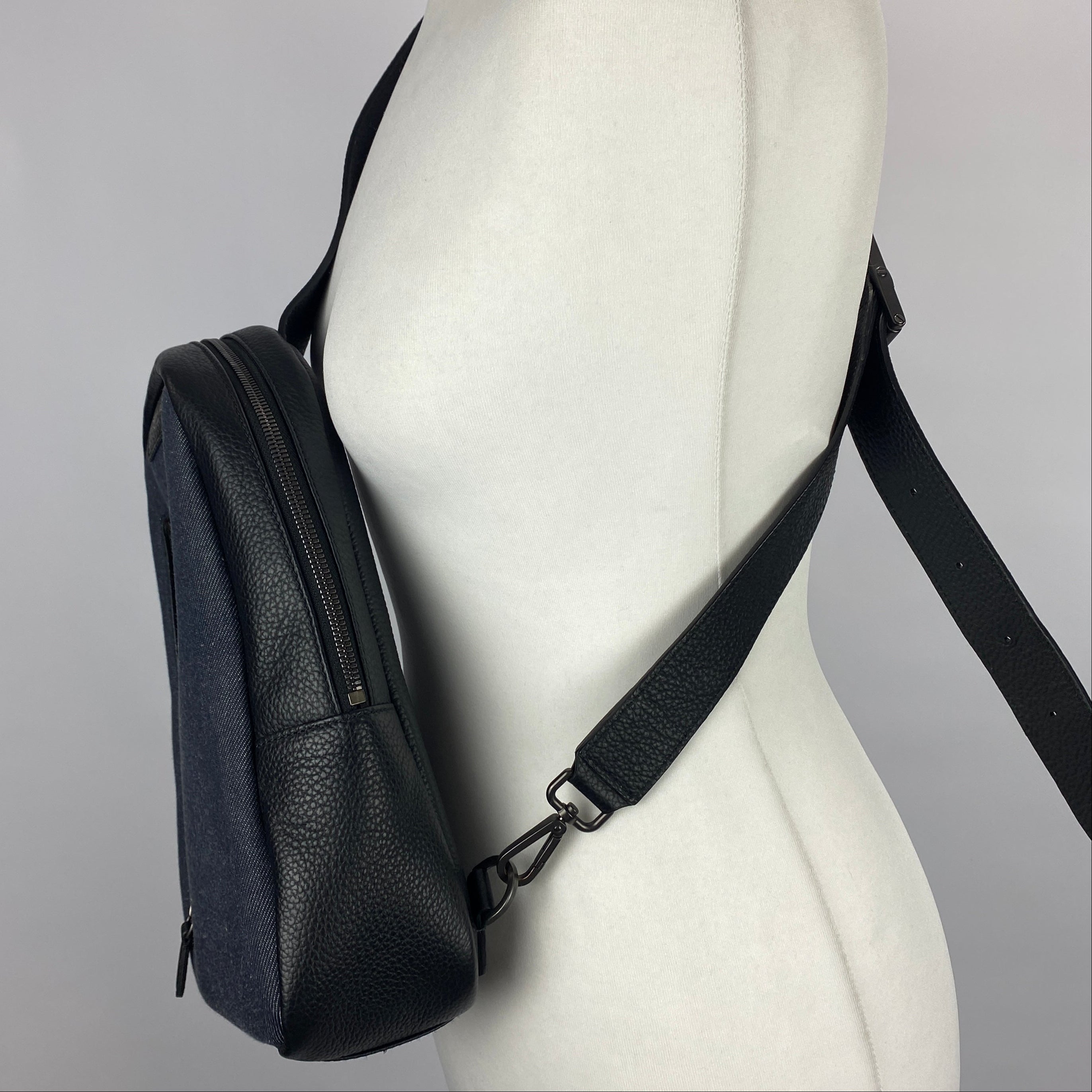 Serapian Milano £750 Dark Indigo Denim & Black Leather Sling Backpack