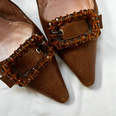Prada Cocoa Leather Resin Buckle Slingback Heels 38.5