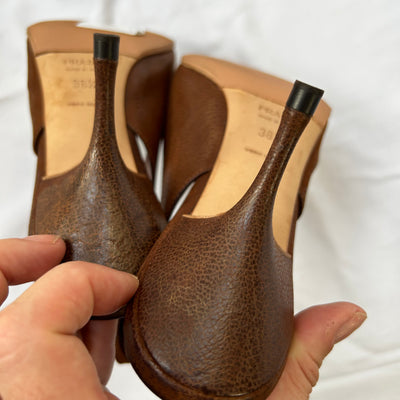Prada Cocoa Leather Resin Buckle Slingback Heels 38.5