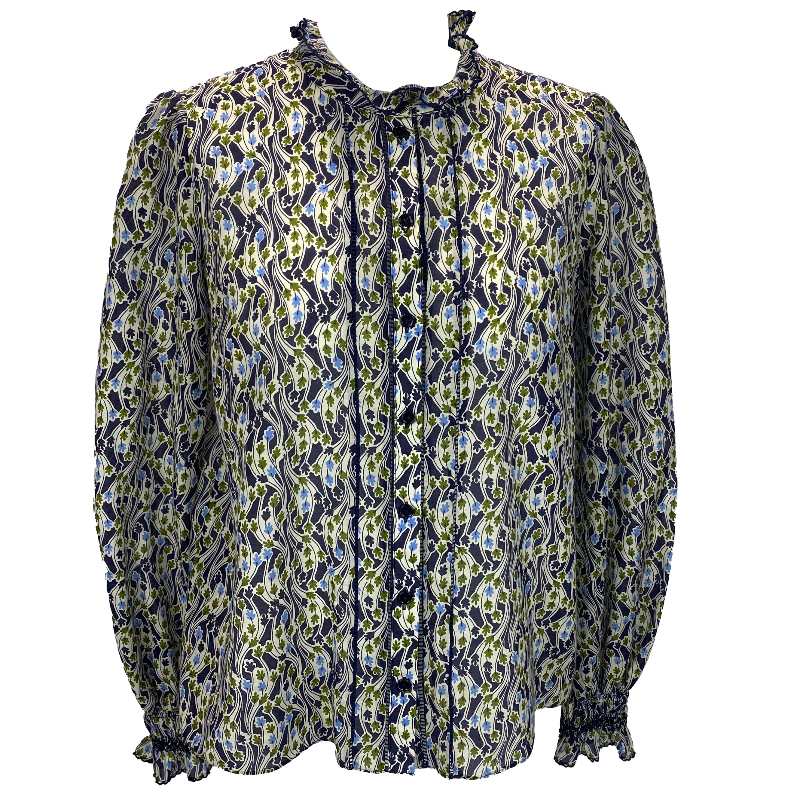Me&Em Navy & White Leaf Print Silk & Cotton Blouse XS