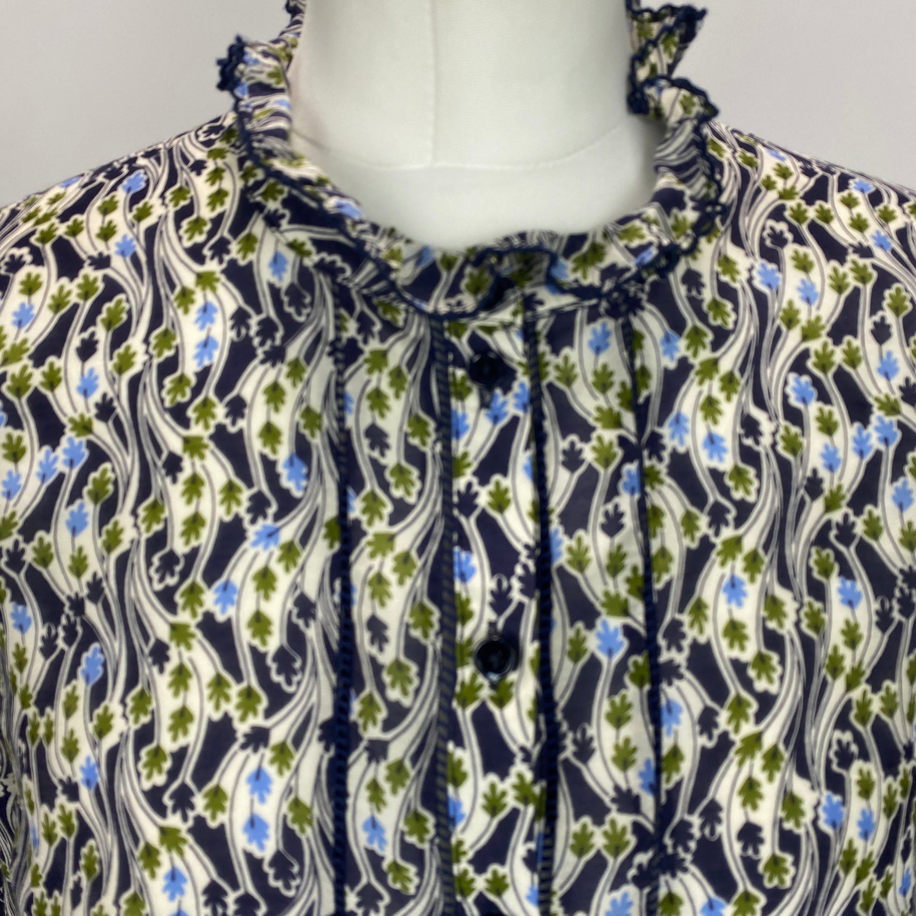 Me&Em Navy & White Leaf Print Silk & Cotton Blouse XS